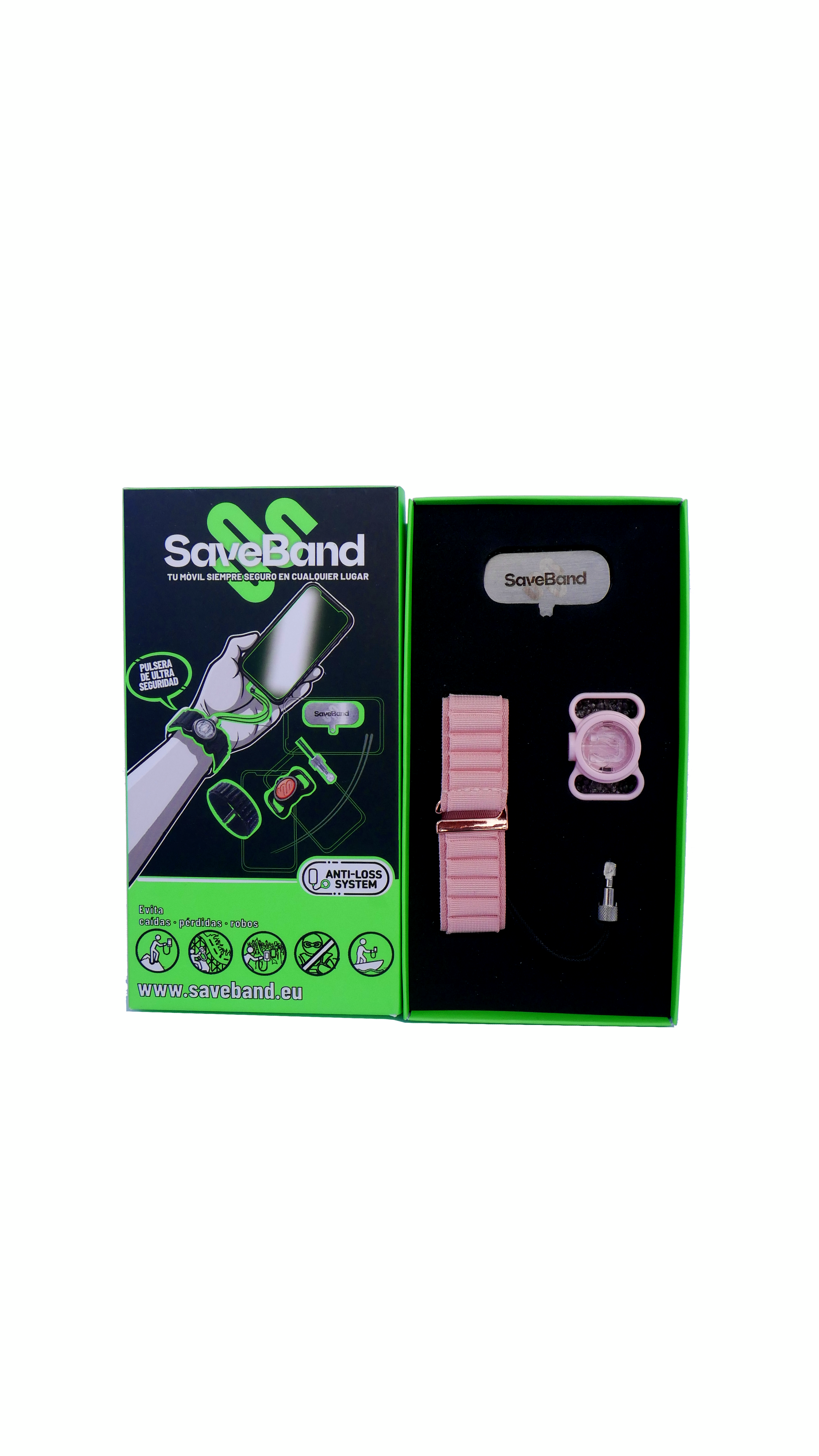 Set de pulsera anti-pérdida SaveBand en caja verde con correa rosa y soporte sobre fondo negro.