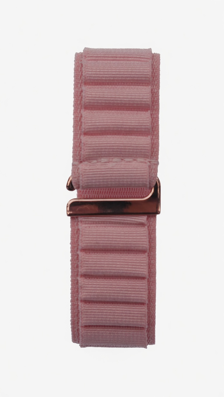 Una correa de reloj de tela rosa claro con un cierre de metal de oro rosa sobre fondo claro.
