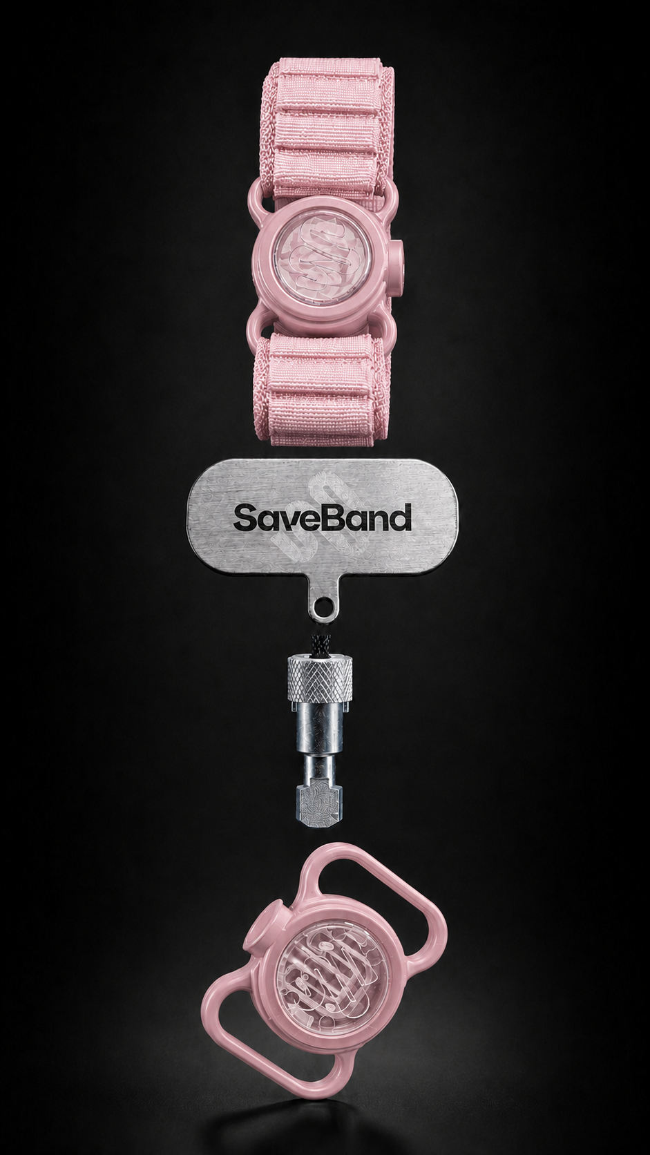 Un dispositivo SaveBand rosa con componentes metálicos dispuesto verticalmente sobre fondo negro.