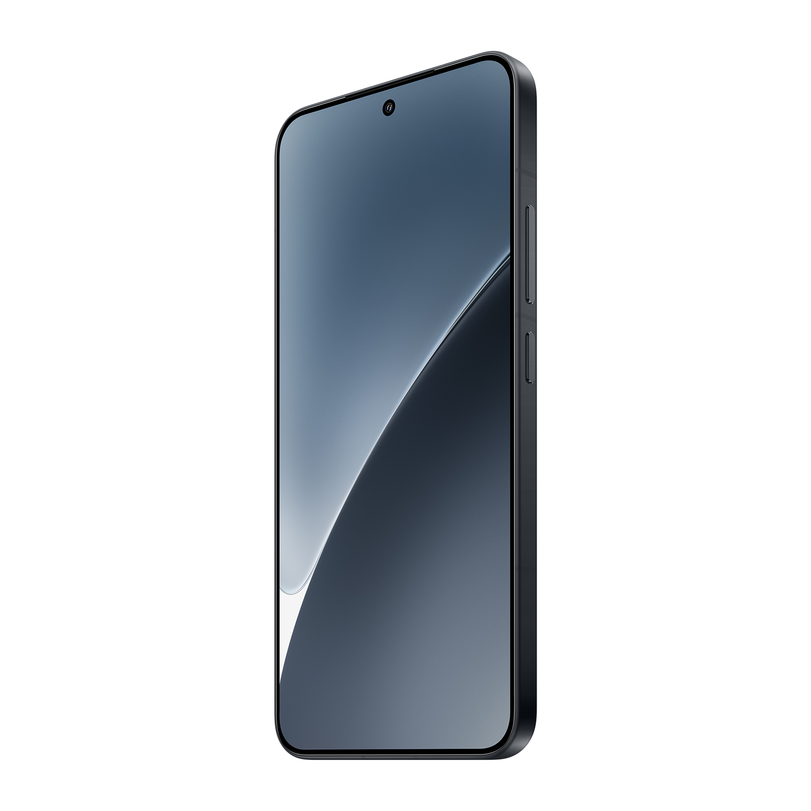 Uno smartphone nero con display lucido e pulsanti fisici sul lato destro su uno sfondo nero.