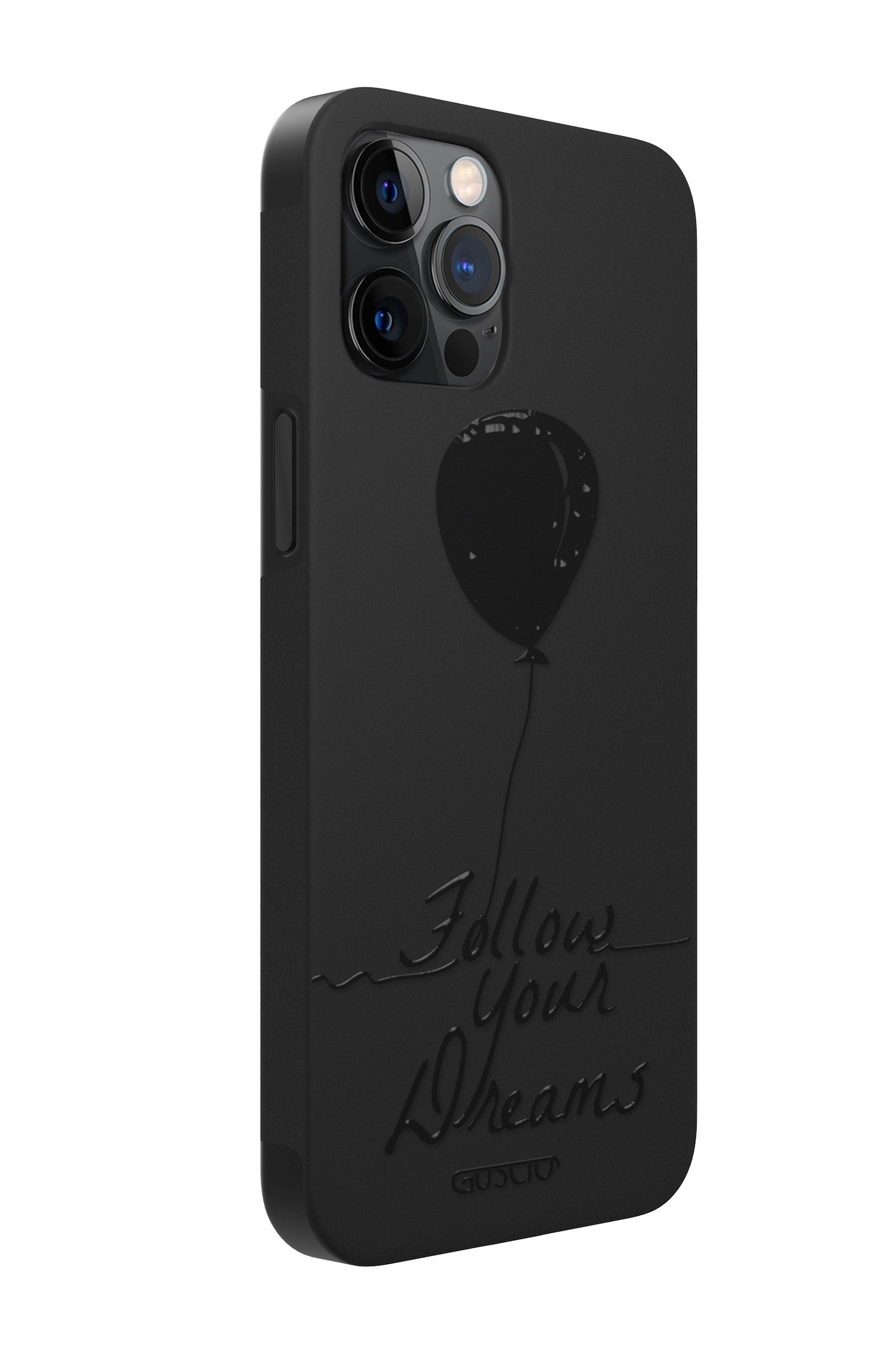 Cover per cellulare nera con un palloncino e la scritta Follow Your Dreams.