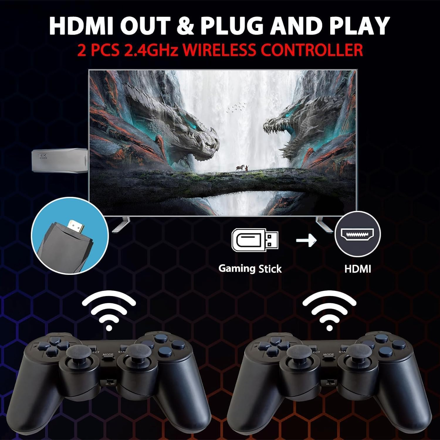 Zwei kabellose Controller und ein HDMI-Gaming-Stick vor einem TV mit einer Fantasy-Drachenszene.