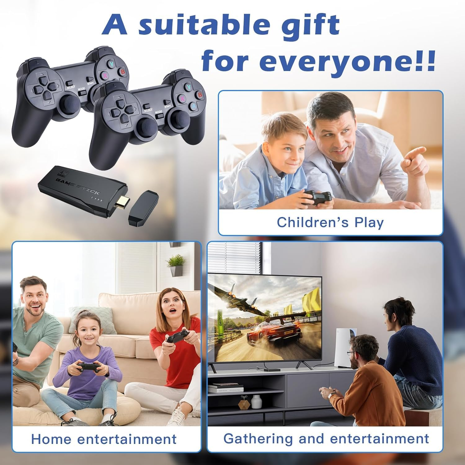 Collage zeigt zwei Gamepads, einen Spiele-Stick und glückliche Familien, die Videospiele auf einem Fernseher spielen.