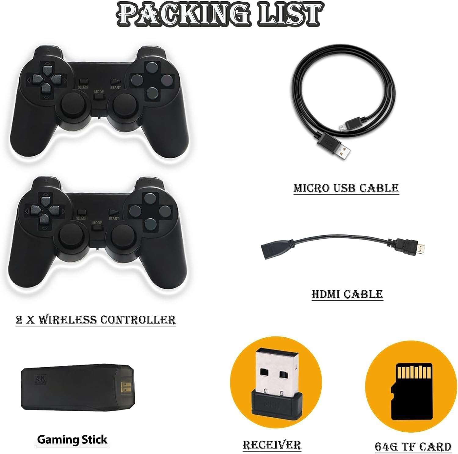 Packliste mit zwei kabellosen Controllern, Micro-USB-Kabel, HDMI-Kabel, Gaming-Stick, Receiver und 64G TF-Karte.