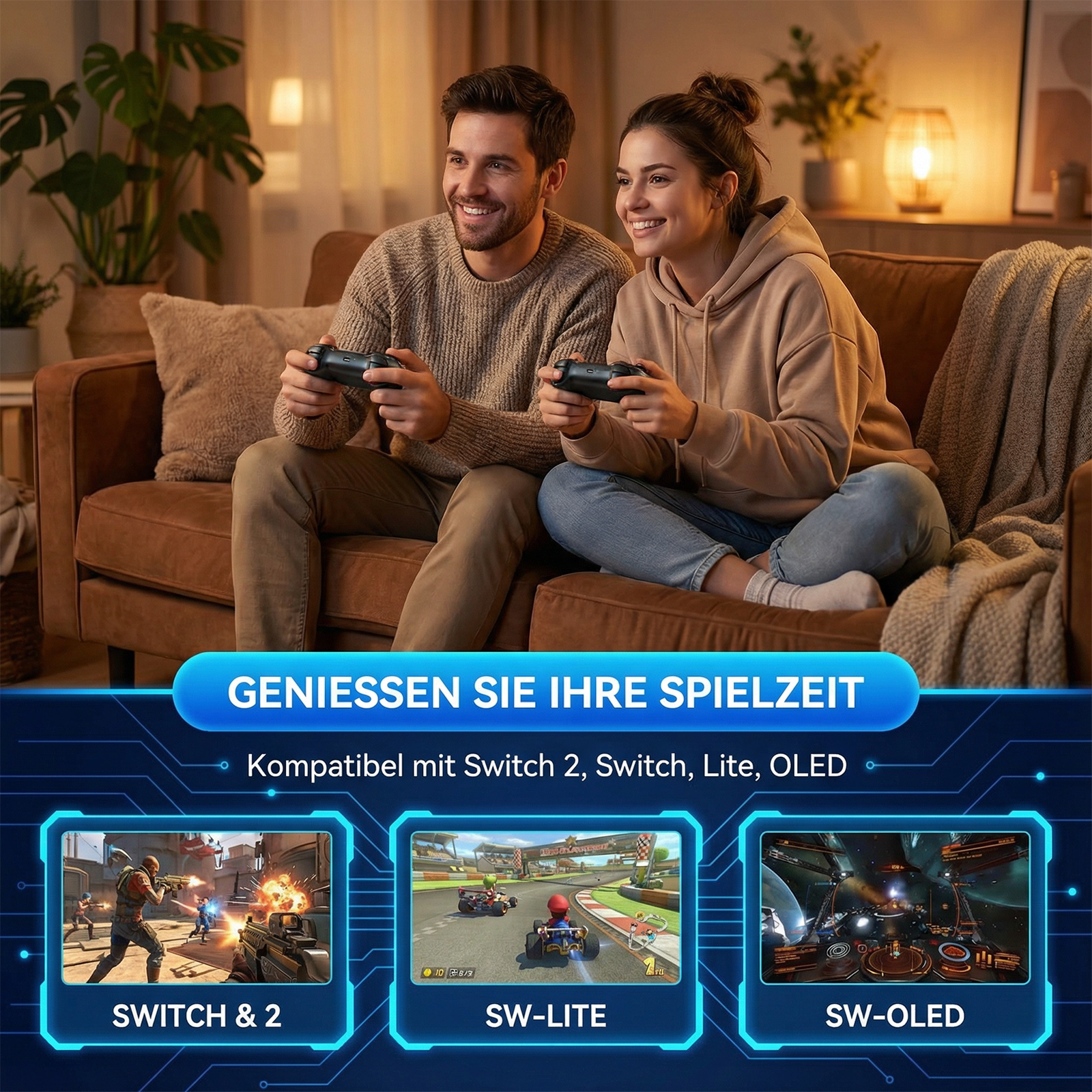 Ein Mann und eine Frau sitzen auf einem Sofa und lächeln, während sie in einem warm beleuchteten Wohnzimmer Videospiele spielen.