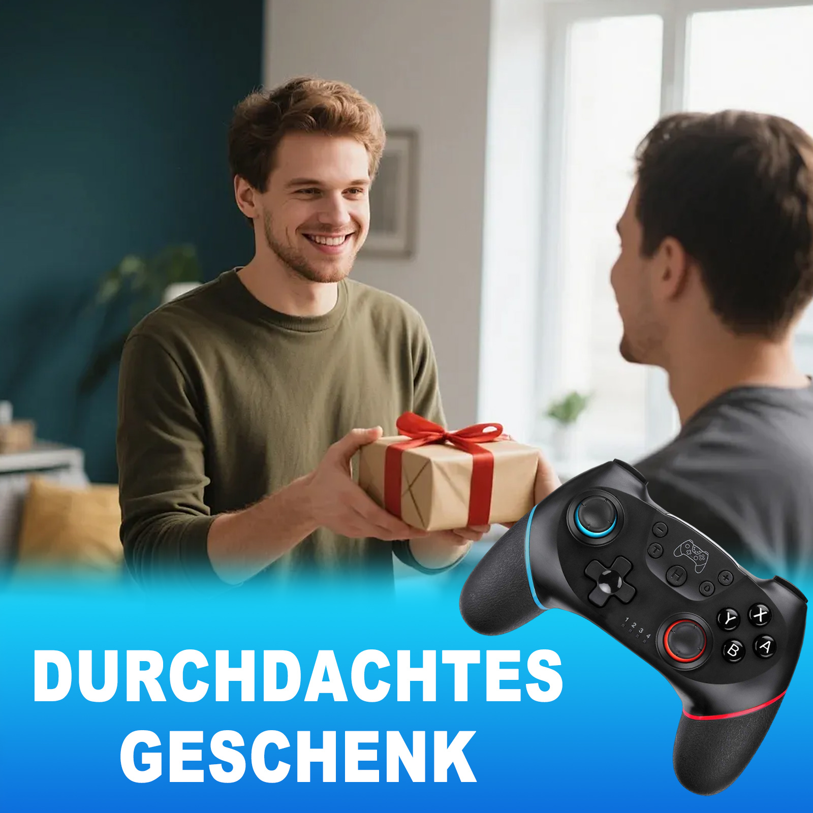 Ein lächelnder Mann überreicht einem Freund ein Geschenkpaket, daneben ein schwarzer Gamecontroller.