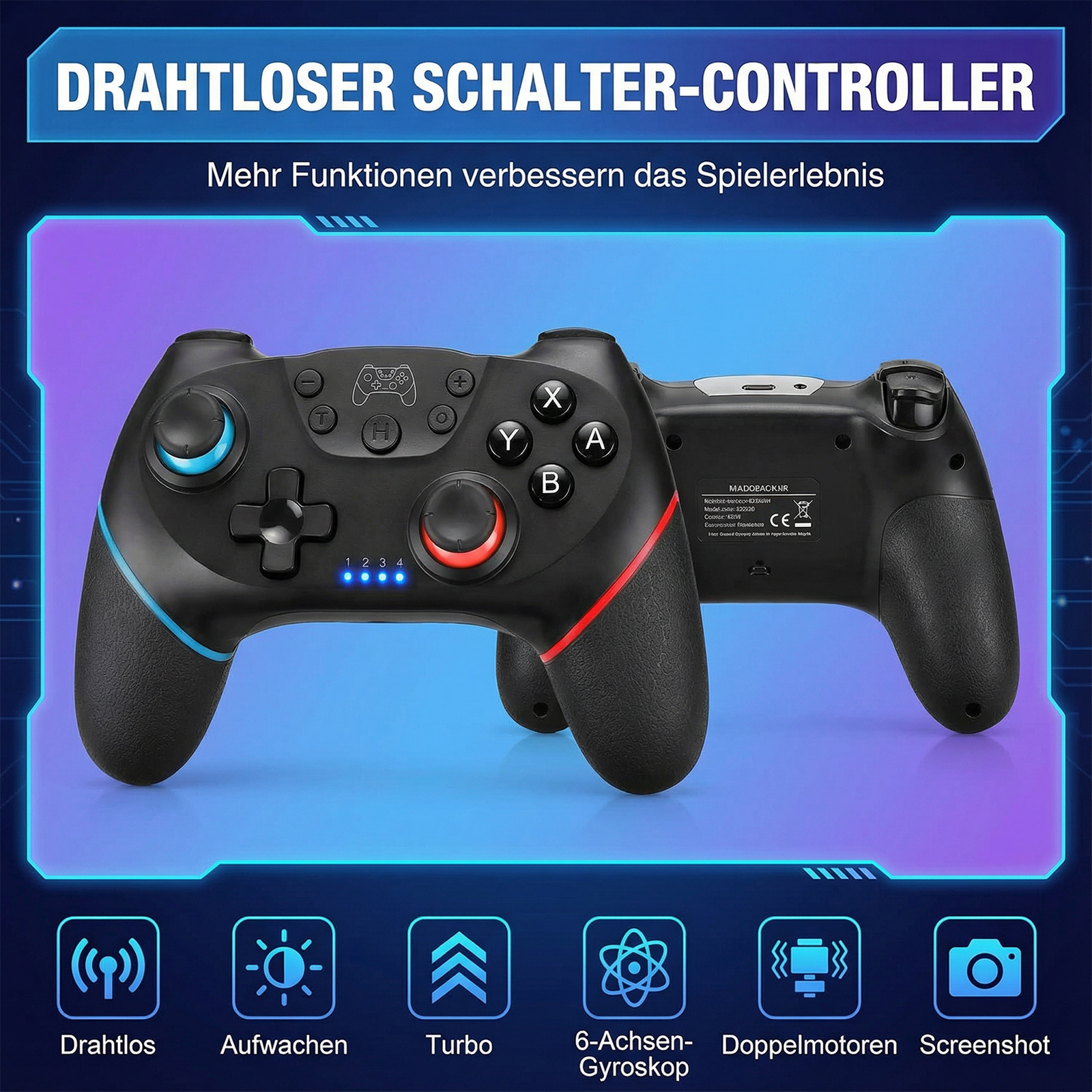 Ein schwarzer kabelloser Gaming-Controller mit beleuchteten Tasten, blauen und roten Akzenten sowie Symbolen unten.