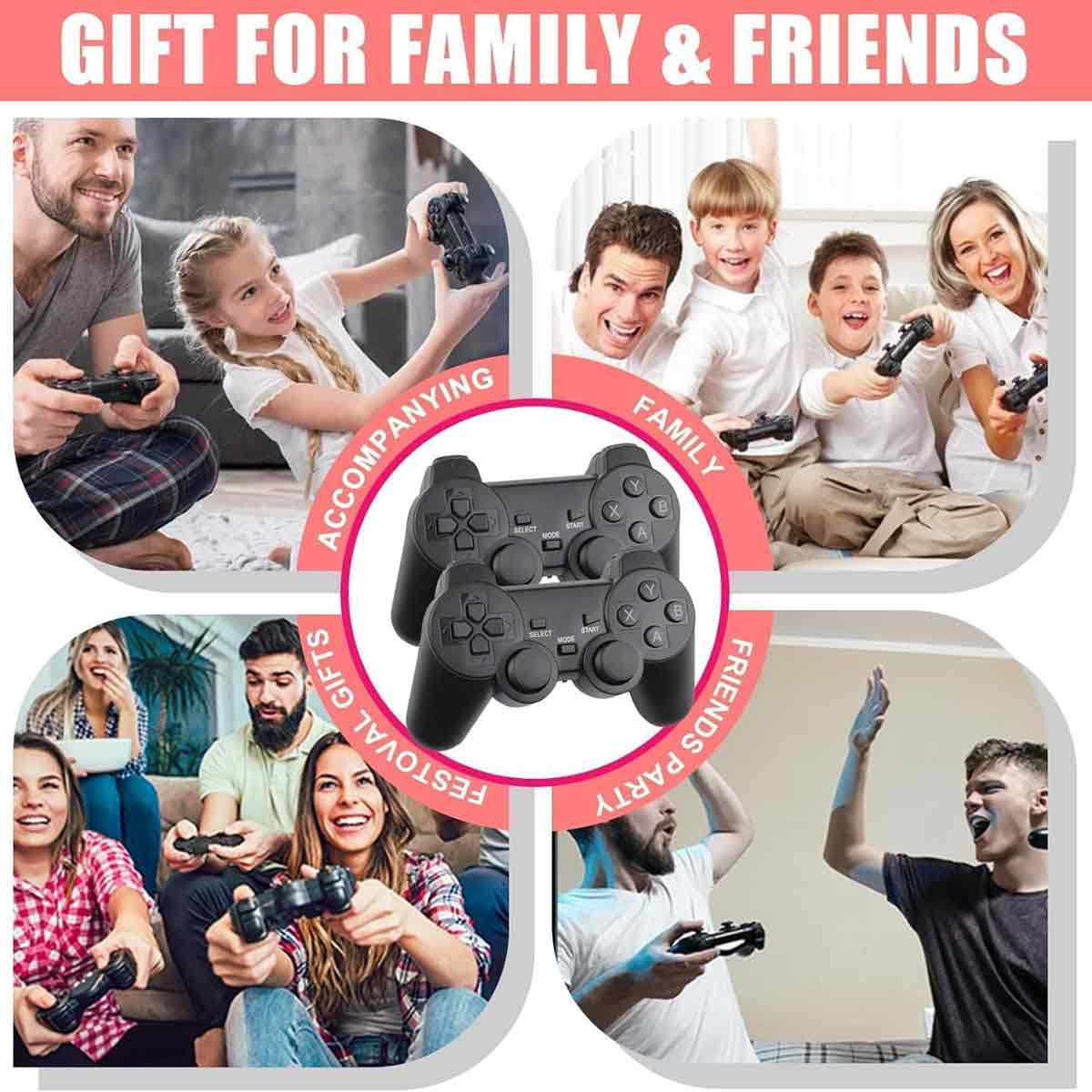 Collage zeigt Familien und Freunde, die zusammen Videospiele spielen, mit zwei Controllern in der Mitte.