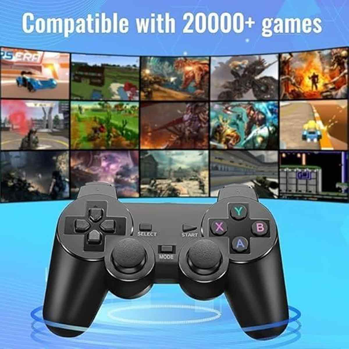 Ein schwarzer Controller schwebt über einem blauen Hintergrund mit Spielvorschaubildern und dem Text Kompatibel mit 20000+ Spielen