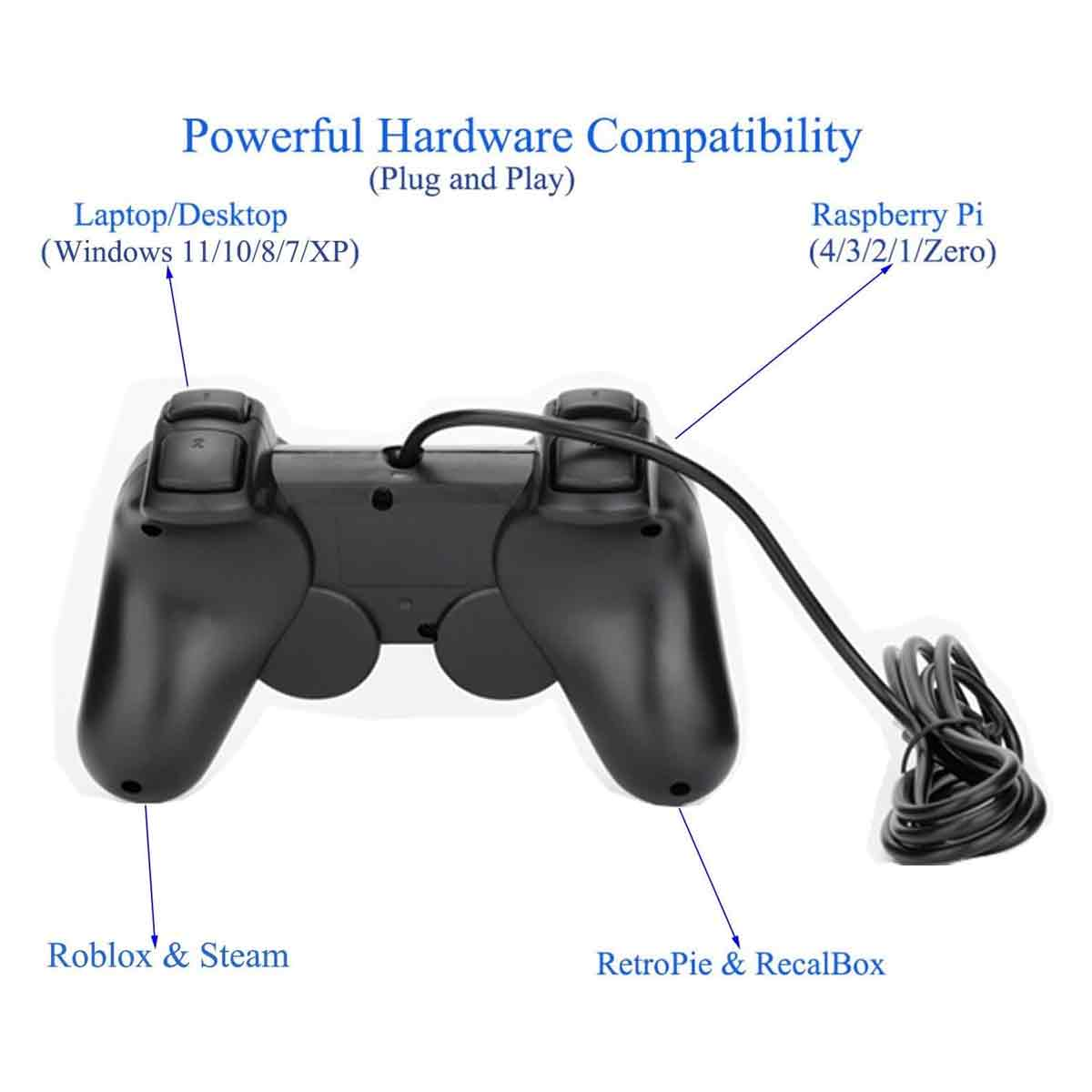 Schwarzer USB-Gamepad-Controller mit Text und Pfeilen, die die Hardwarekompatibilität zeigen.