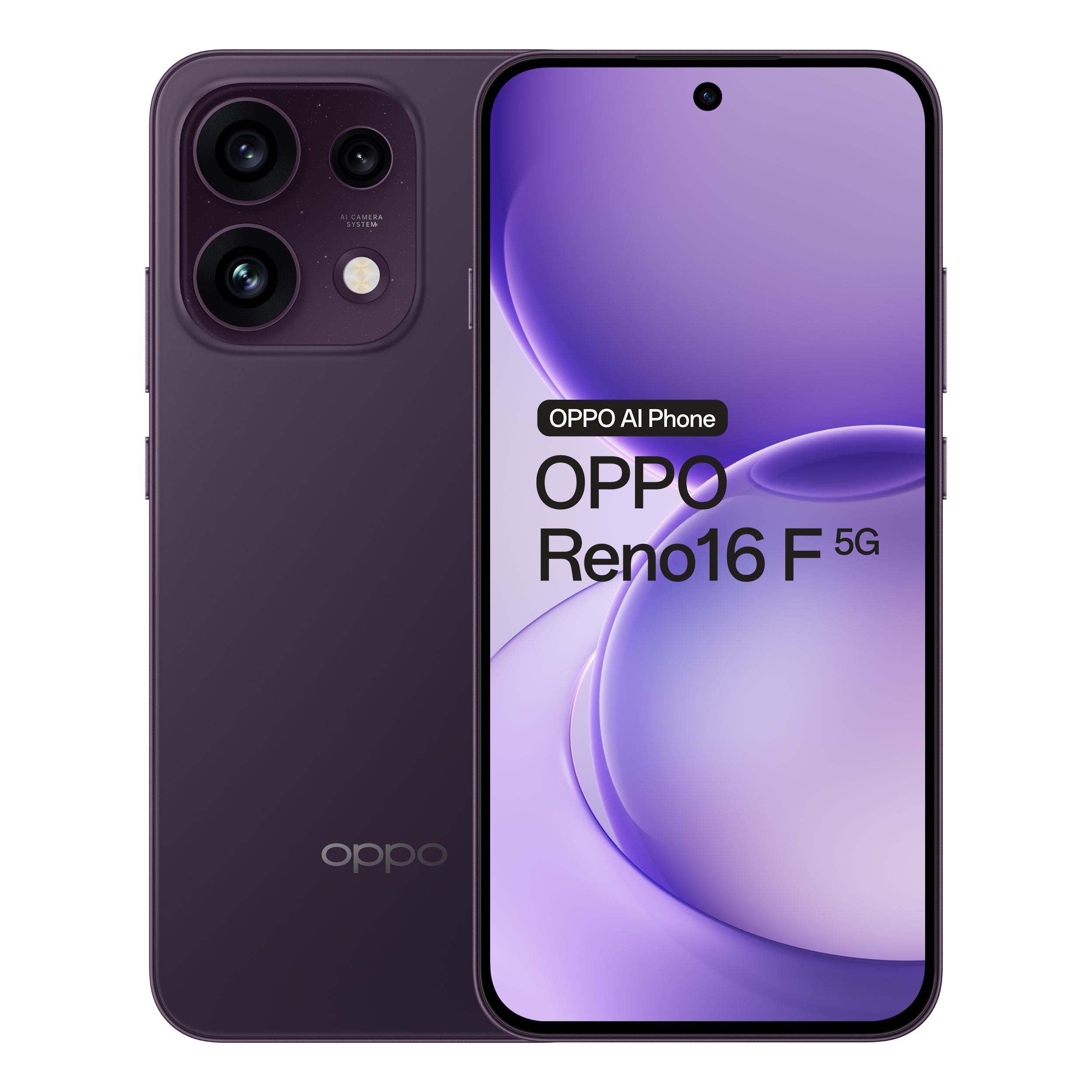 Een paarse Oppo Reno16 F 5G smartphone getoond van voor en achter tegen een zwarte achtergrond.