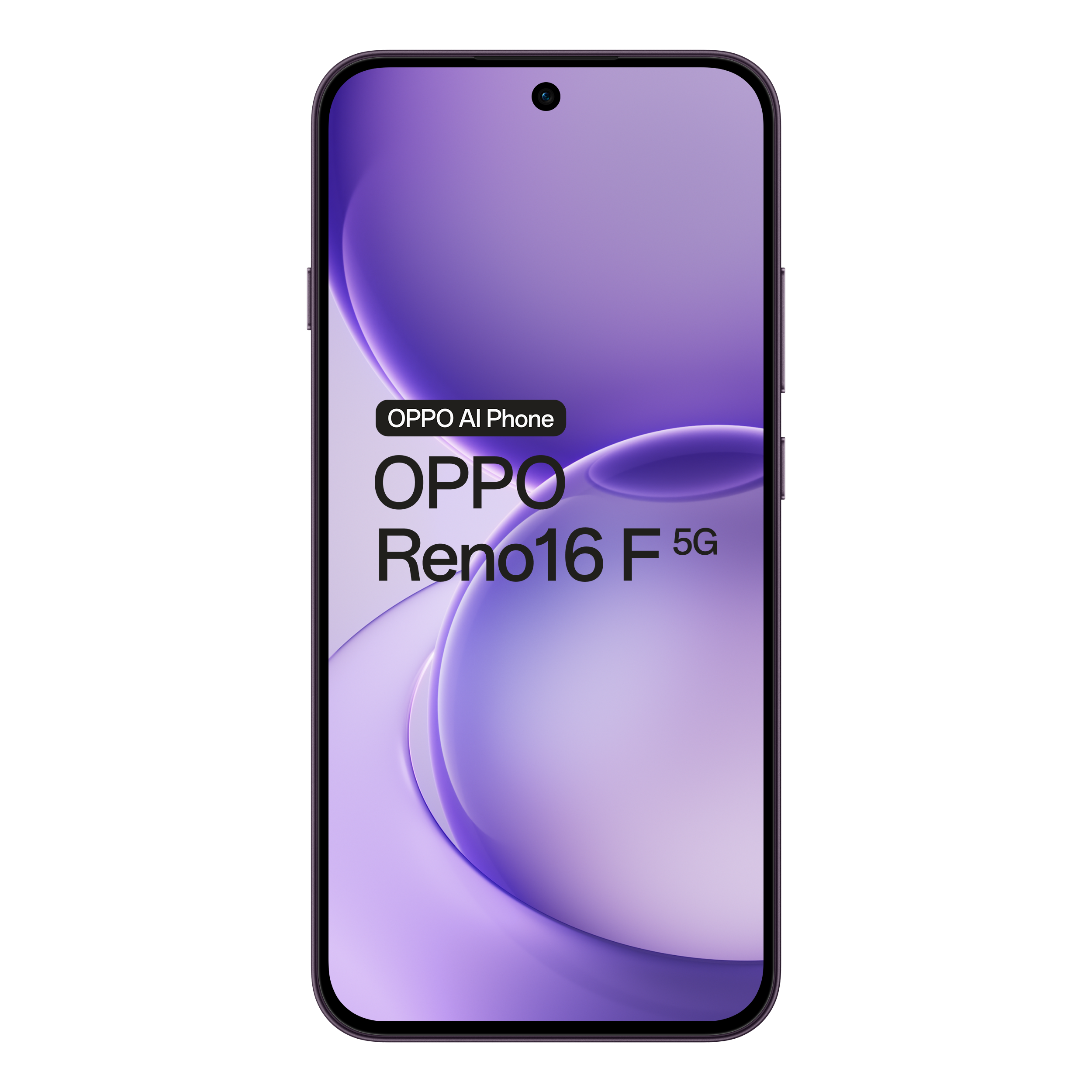Paarse Oppo Reno16 F 5G smartphone met lichte abstracte achtergrond.