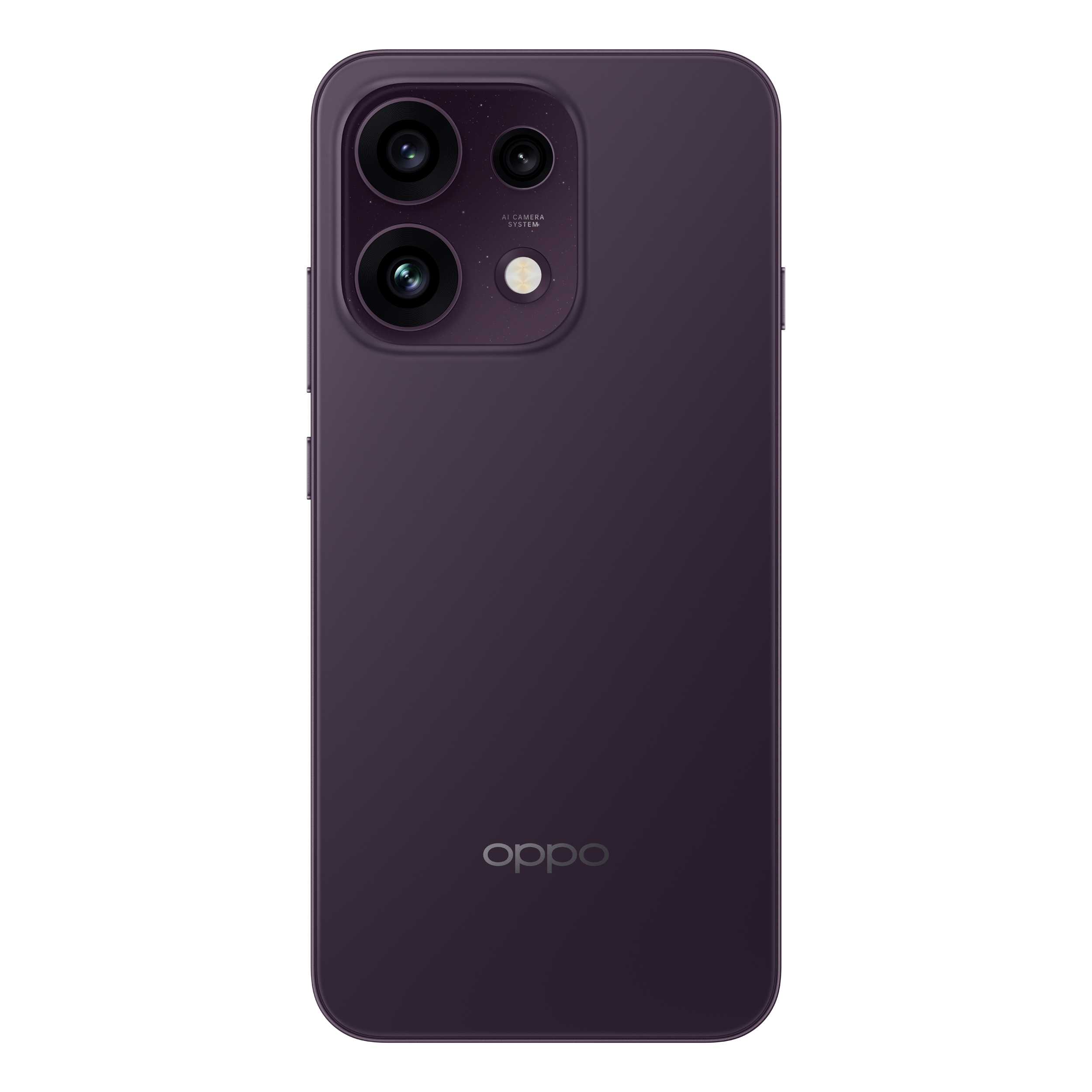 Achterkant van een paarse Oppo-smartphone met dubbele camera en Oppo-logo.