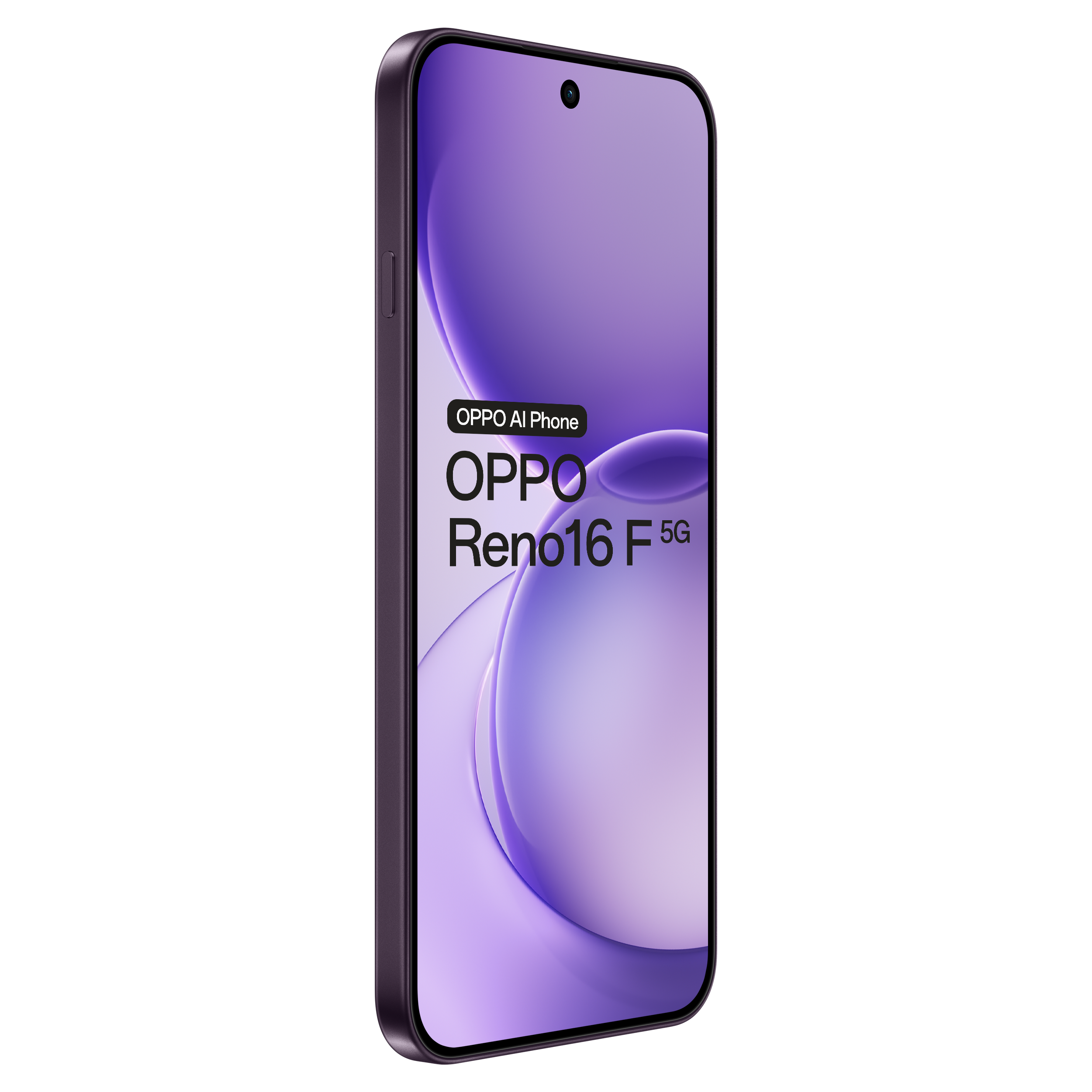 Paarse Oppo Reno16 F 5G smartphone in driekwartprofiel tegen een zwarte achtergrond.