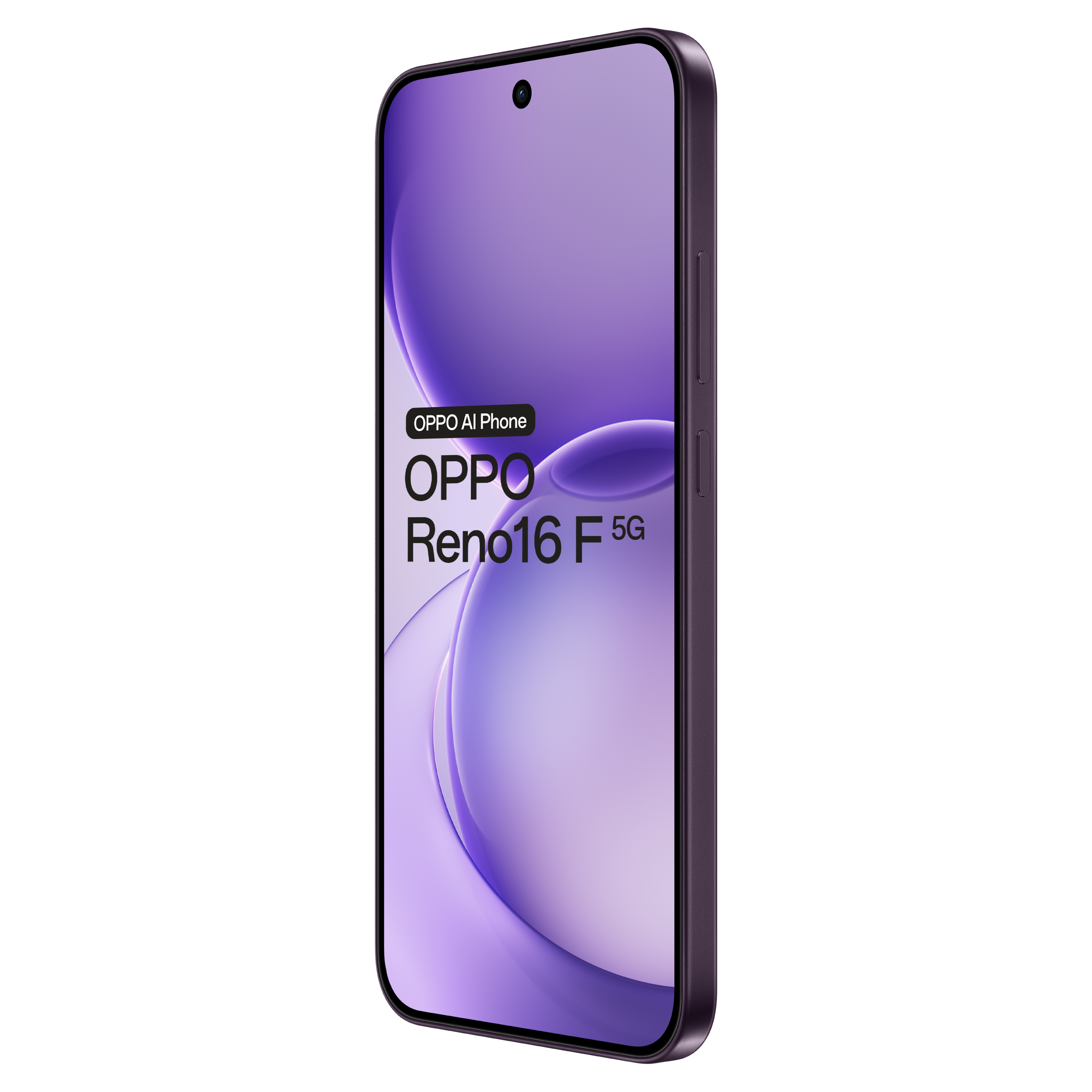 Een paarse Oppo Reno16 F 5G smartphone tegen een zwarte achtergrond met paars scherm.