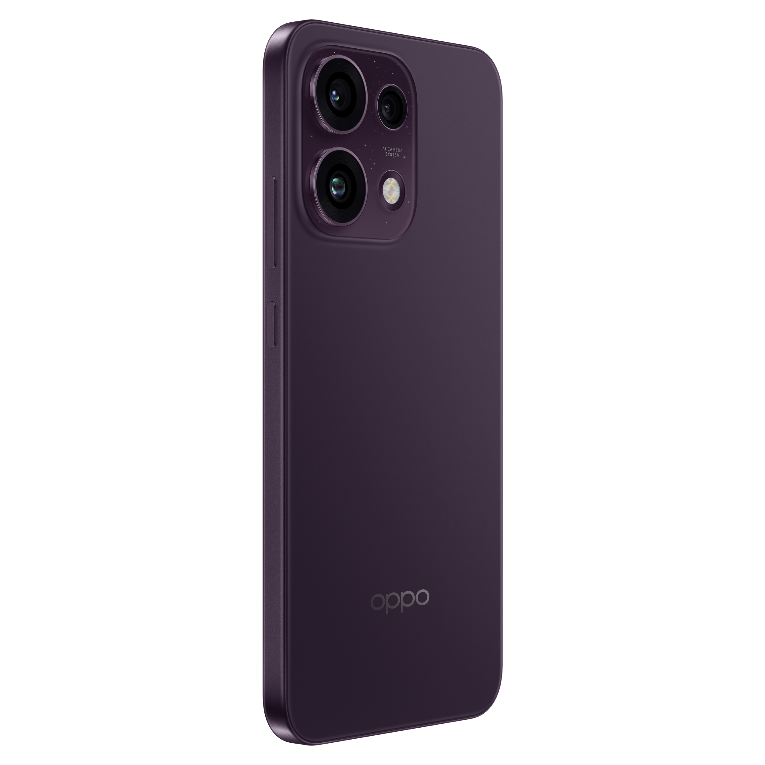 Achterkant van een paarse Oppo-smartphone met drievoudige cameramodule en logo tegen zwarte achtergrond.