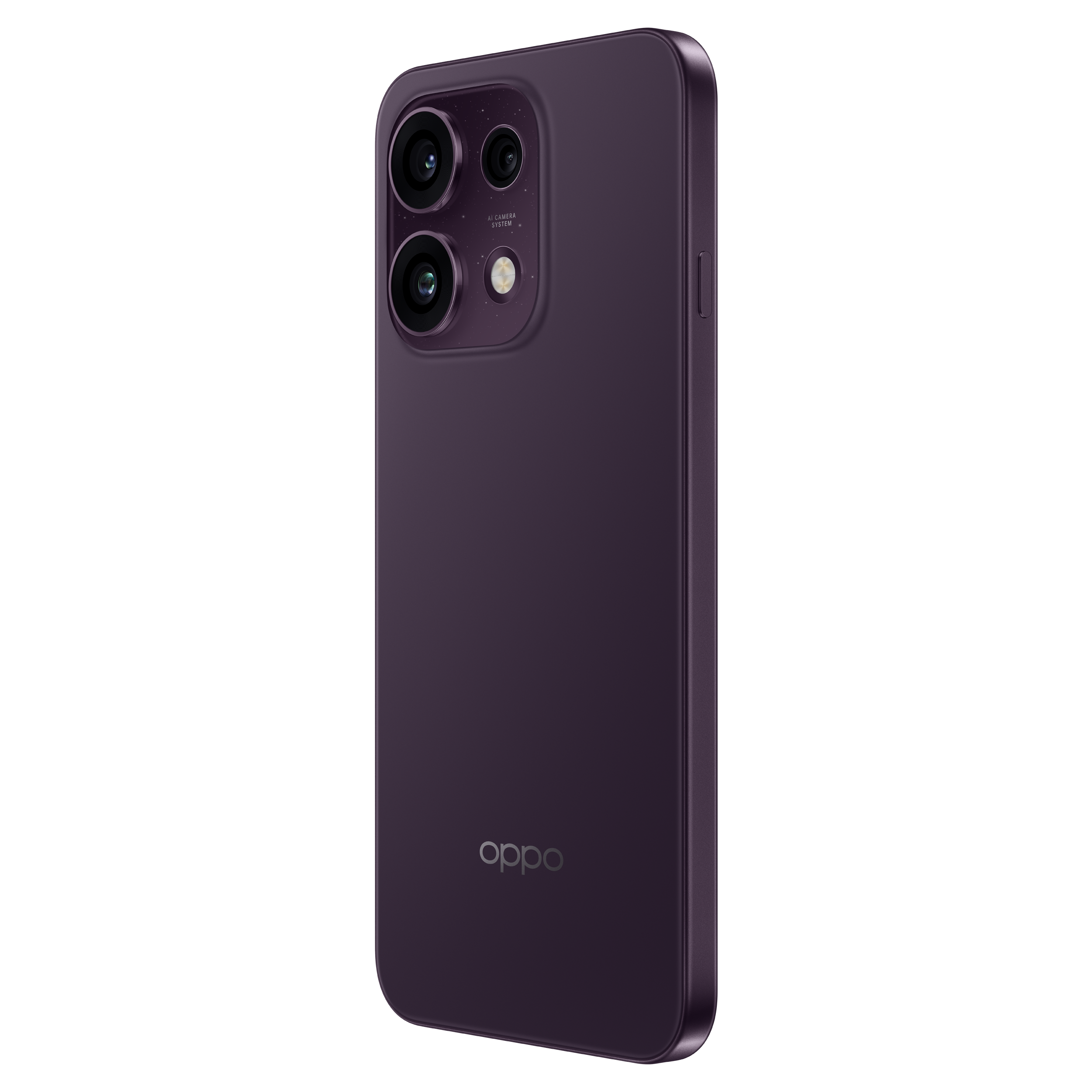 Een donkerpaarse Oppo-smartphone staat rechtop tegen een zwarte achtergrond en toont de achterkant met vierkante cameramodule.