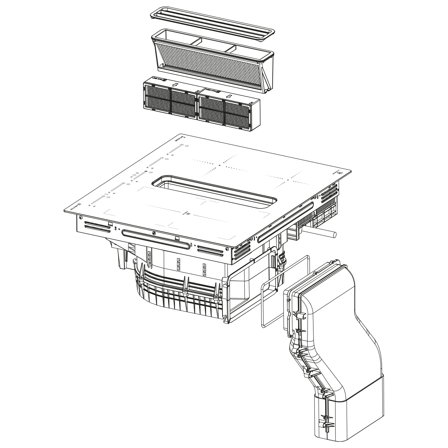 Un disegno tecnico esploso di un piano cottura con sistema di ventilazione e condotti.