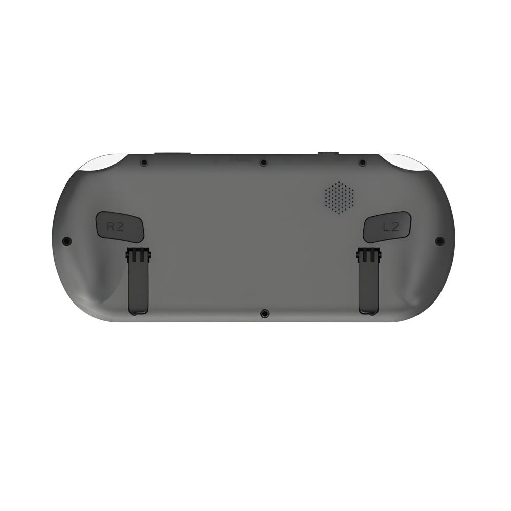 Die Rückseite eines tragbaren Handheld-Controllers mit R2- und L2-Tasten, Griffen und Schrauben auf einem weißen Hintergrund.