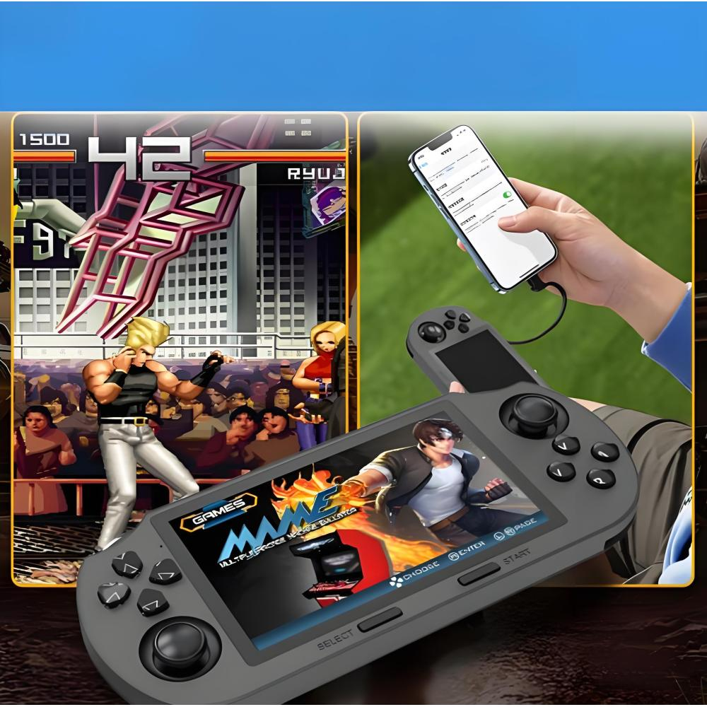 Eine graue Handheld-Spielekonsole ist neben einem Smartphone und einer Kampf-Videospielszene zu sehen.