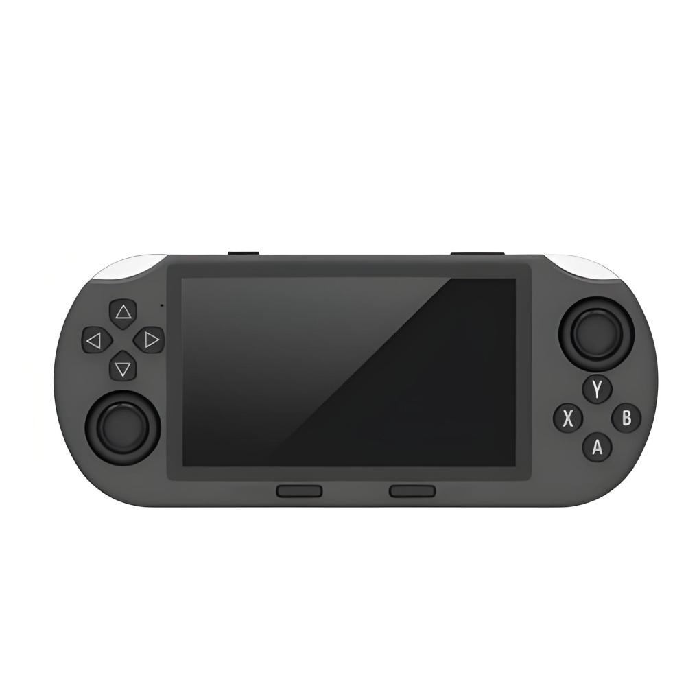 Eine graue Handheld-Spielekonsole mit Bildschirm, Joysticks und Steuertasten vor weißem Hintergrund.