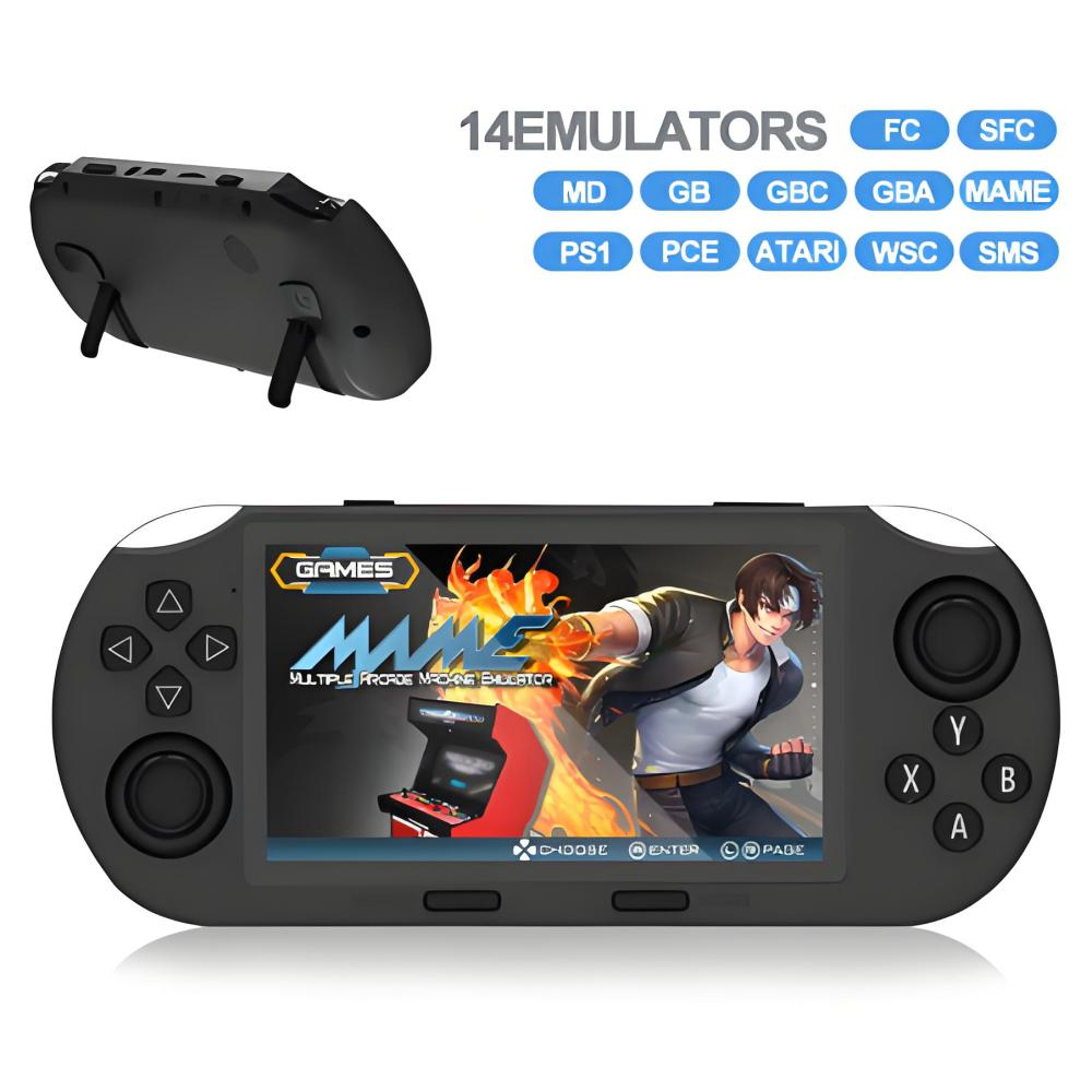 Eine schwarze Handheld-Videospielkonsole mit Steuerelementen und einem Farbbildschirm sowie einer Rückansicht.