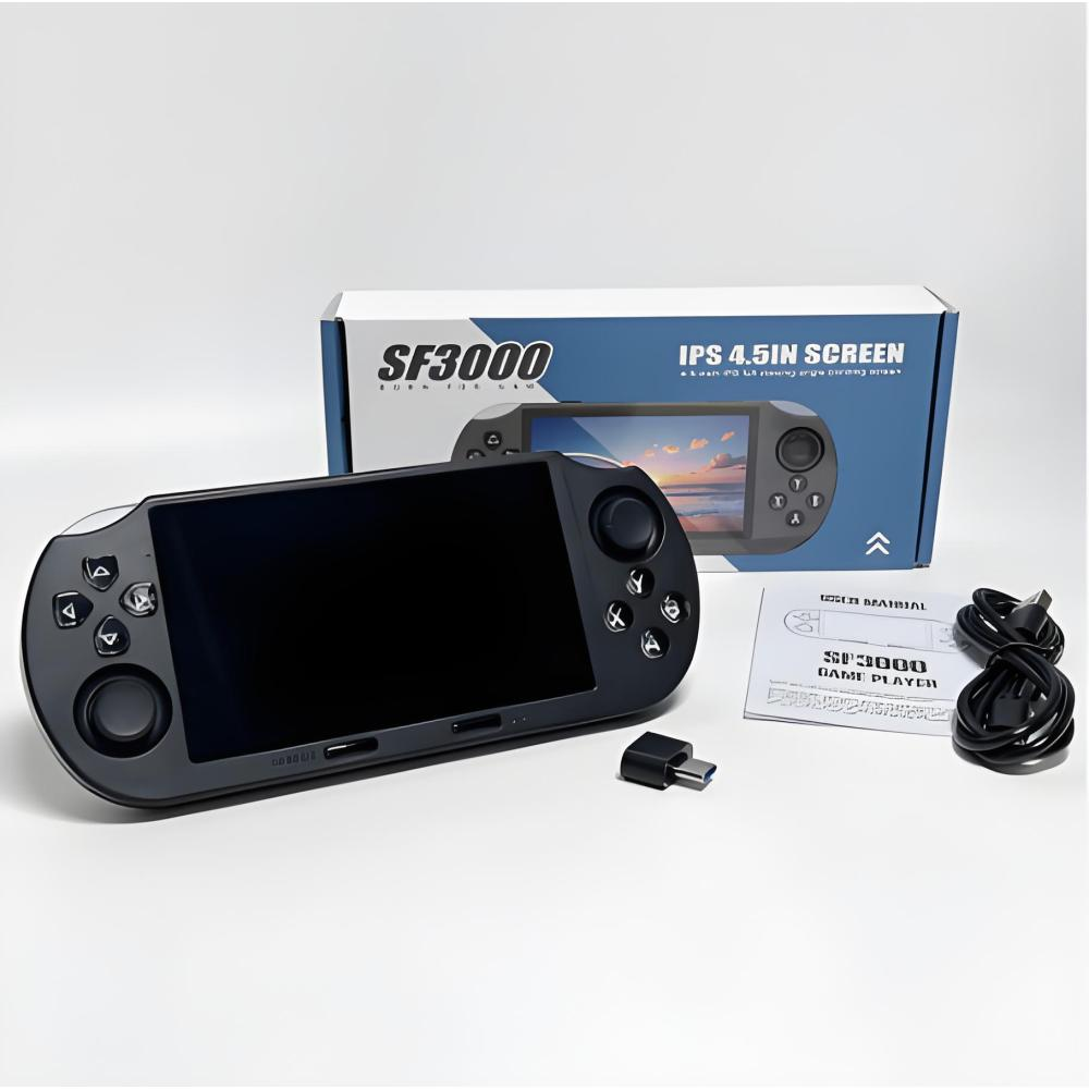 Schwarze tragbare Spielekonsole SF3000 mit Verpackung, Handbuch, Kabel und Stecker auf weißem Hintergrund.