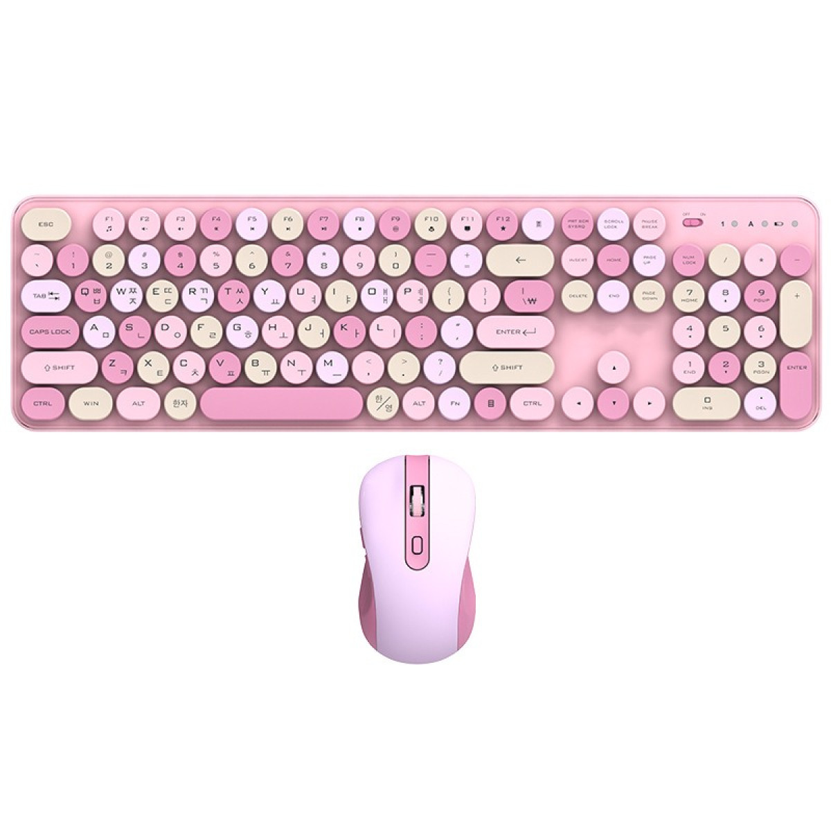 Eine rosa und weiße kabellose Tastatur und eine passende Maus mit runden Tasten auf weißem Hintergrund.