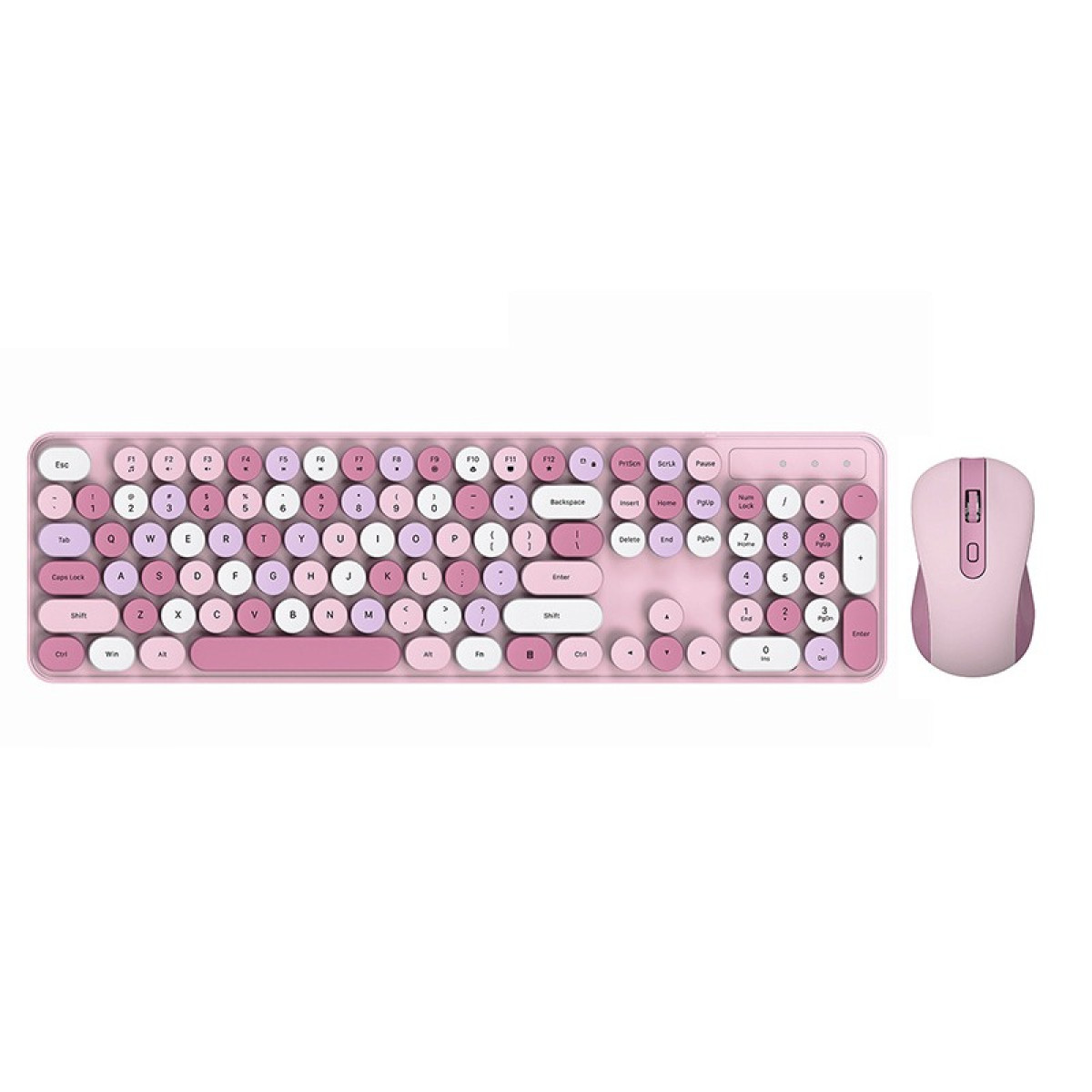 Eine rosa und weiße kabellose Tastatur und Maus mit runden Tasten vor einem weißen Hintergrund.