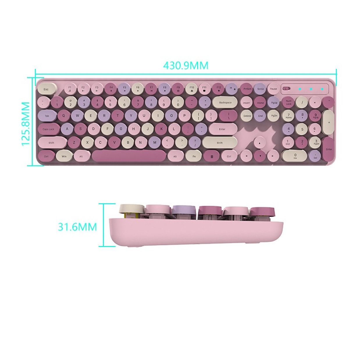 Rosa kabellose Tastatur mit runden Tasten und Maßen in Millimetern für Länge, Breite und Höhe.