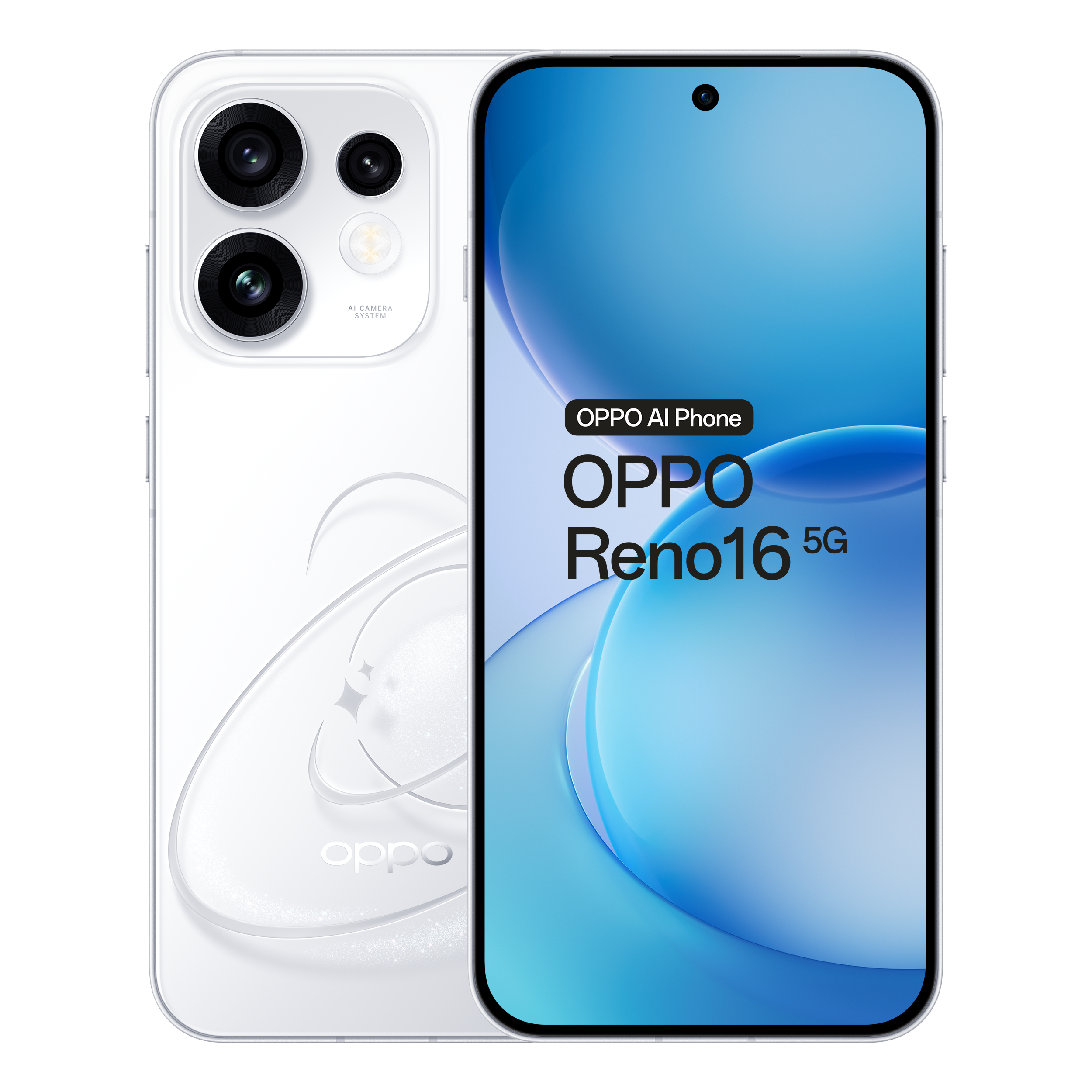 Witte OPPO Reno16 5G smartphone, met voor- en achterkant met driedubbele camera en golvende lijnen.