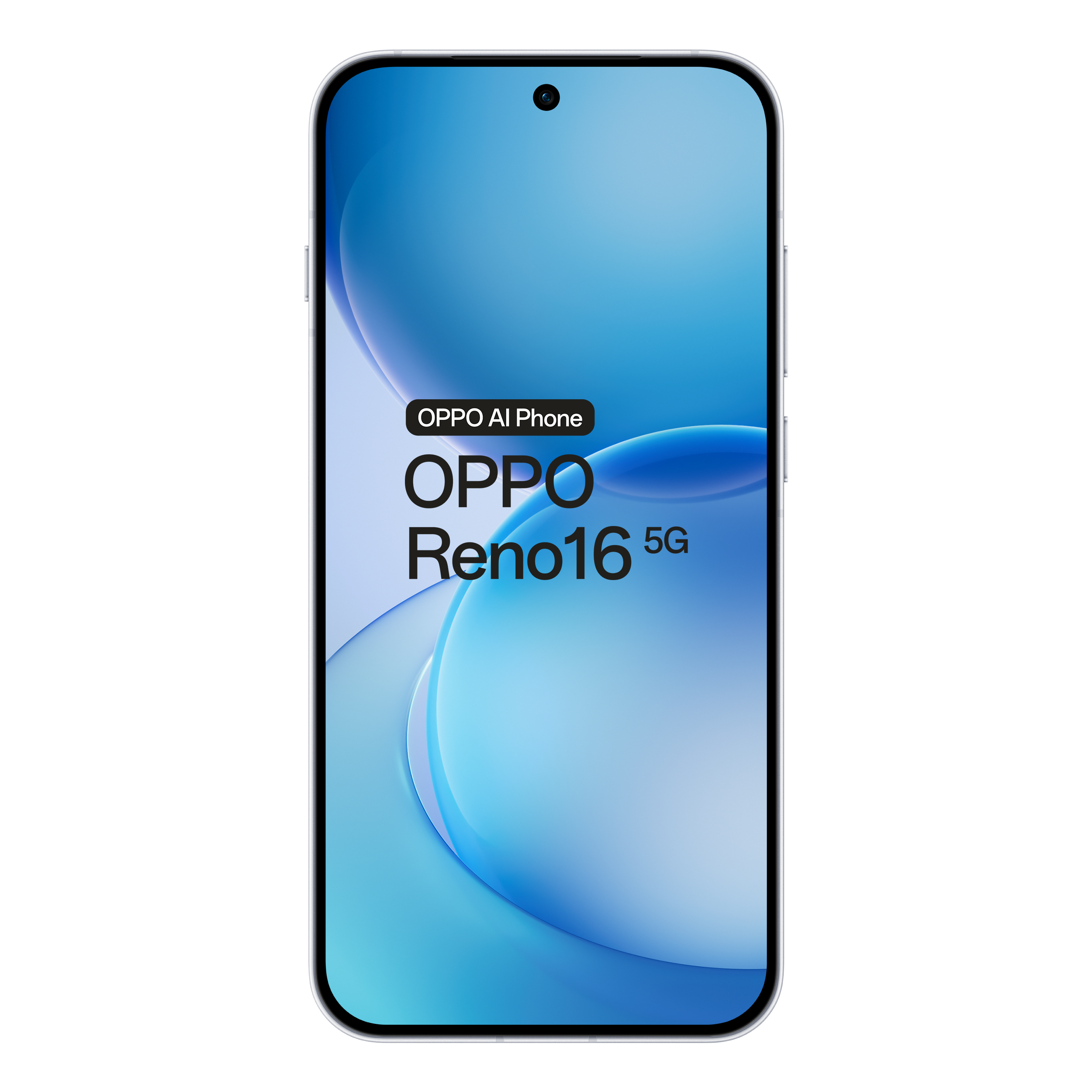Een witte OPPO Reno16 5G smartphone op een zwarte achtergrond, met blauw scherm en reclametekst.
