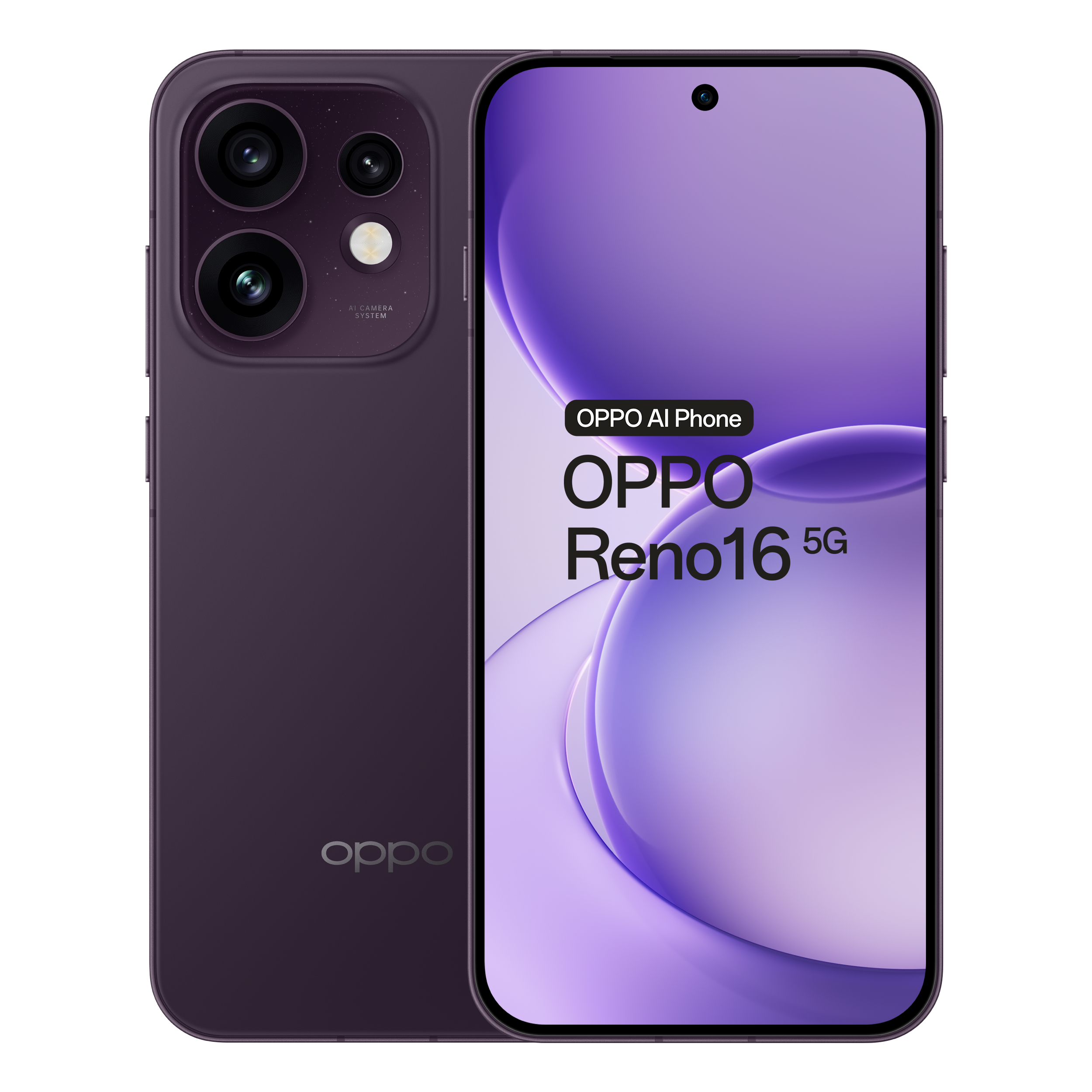 Paarse Oppo Reno16 5G smartphone, voor- en achterkant met triple camera, tegen zwarte achtergrond.