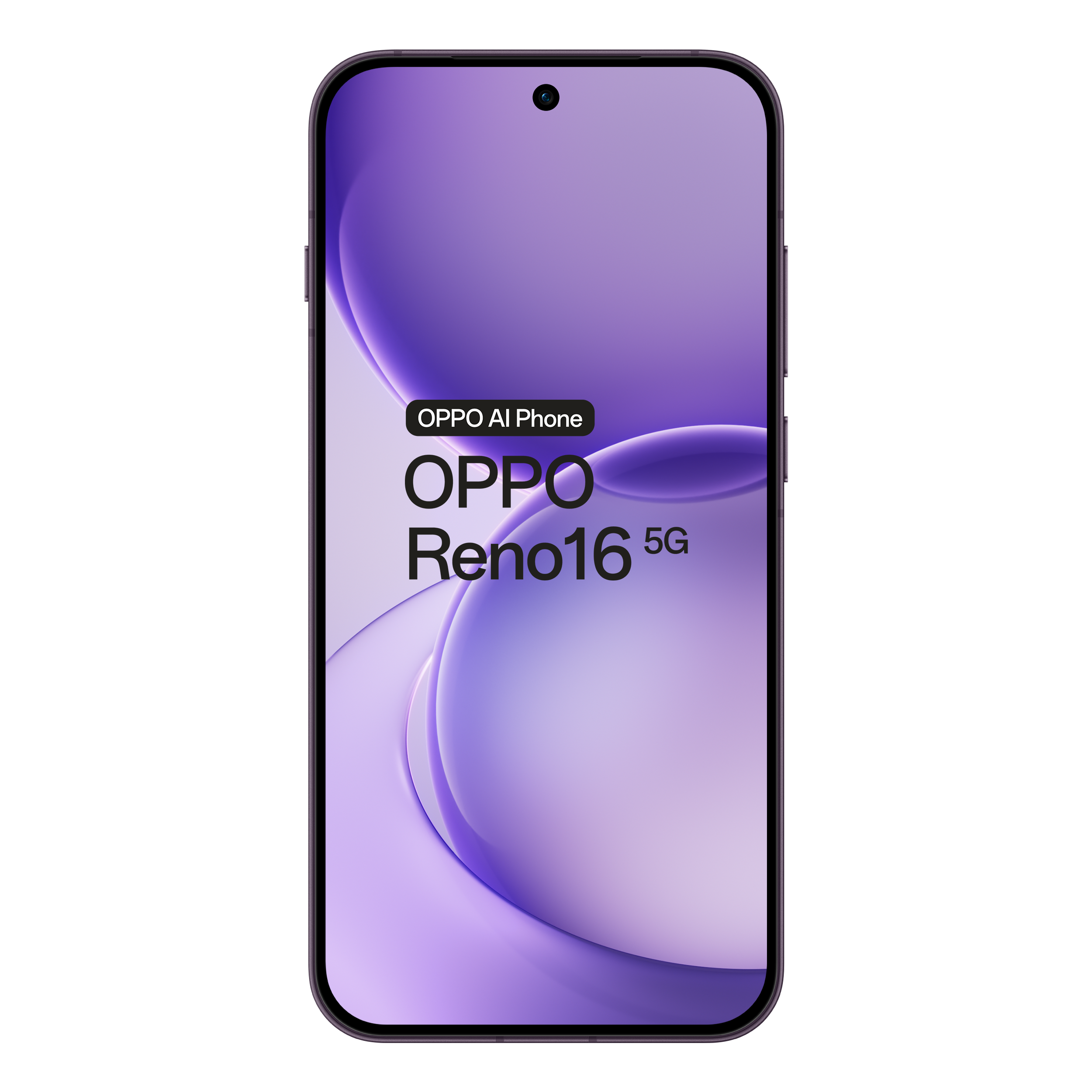 Vooraanzicht van een paarse OPPO Reno16 5G-smartphone met abstracte achtergrond en tekst op het scherm.