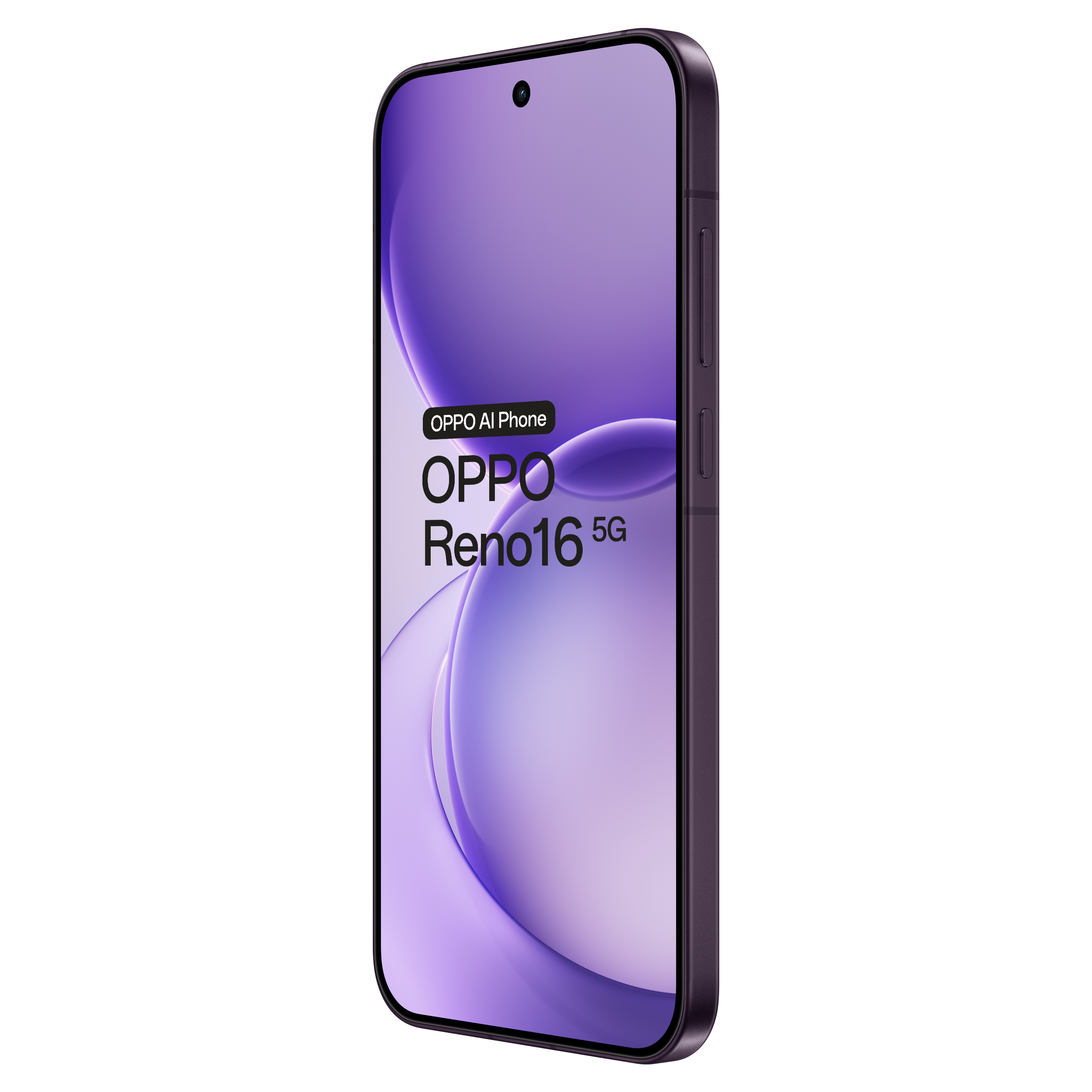 Paarse Oppo Reno16 5G-smartphone in driekwartprofiel tegen een zwarte achtergrond.