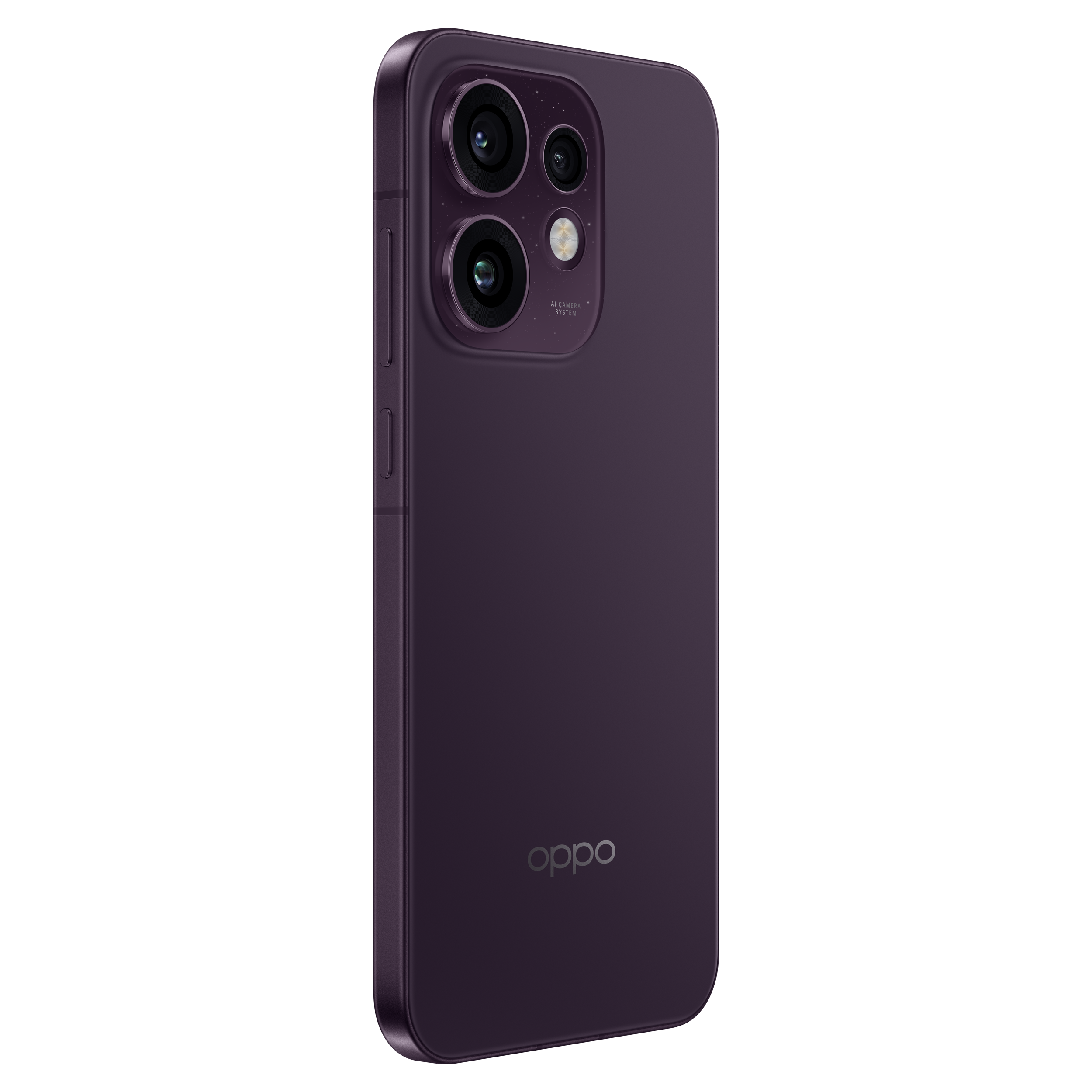 Achterkant van een paarse Oppo-smartphone met een driedubbele camera en logo op zwarte achtergrond.