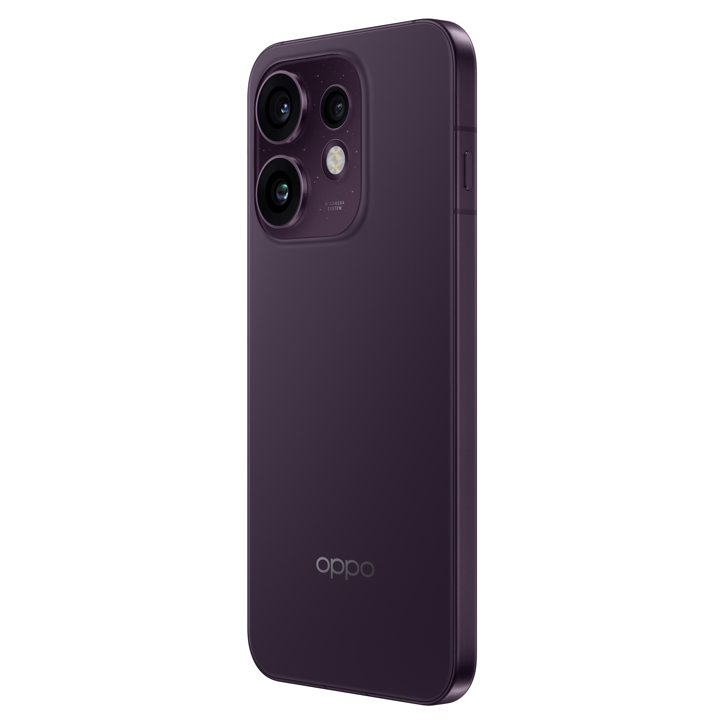 Een paarse Oppo-smartphoneachterkant met driedubbele cameramodule en AI-camerasysteemtekst op een zwarte achtergrond.