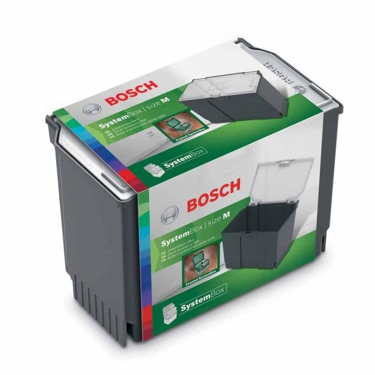 Eine graue Bosch SystemBox Größe M mit Produktetikett auf weißem Hintergrund.