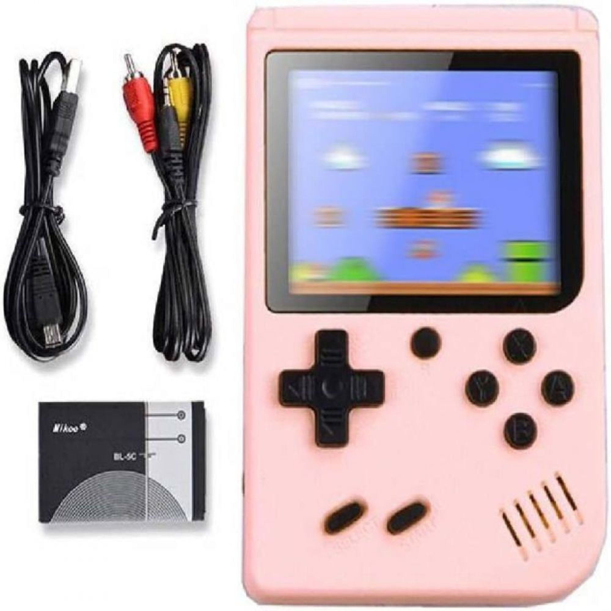 Rosa Handheld-Spielekonsole mit Bildschirm, Tasten, zwei Kabeln und Akku auf weißem Hintergrund.