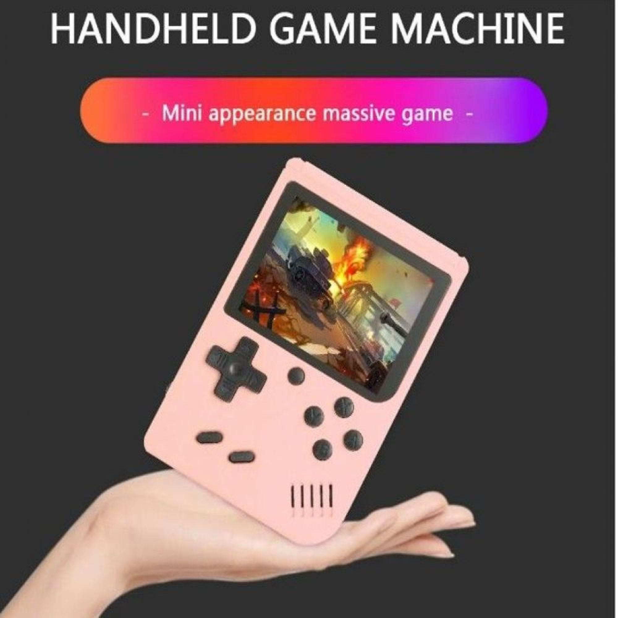 Eine Hand hält eine pinke Handheld-Spielkonsole mit farbigem Bildschirm.