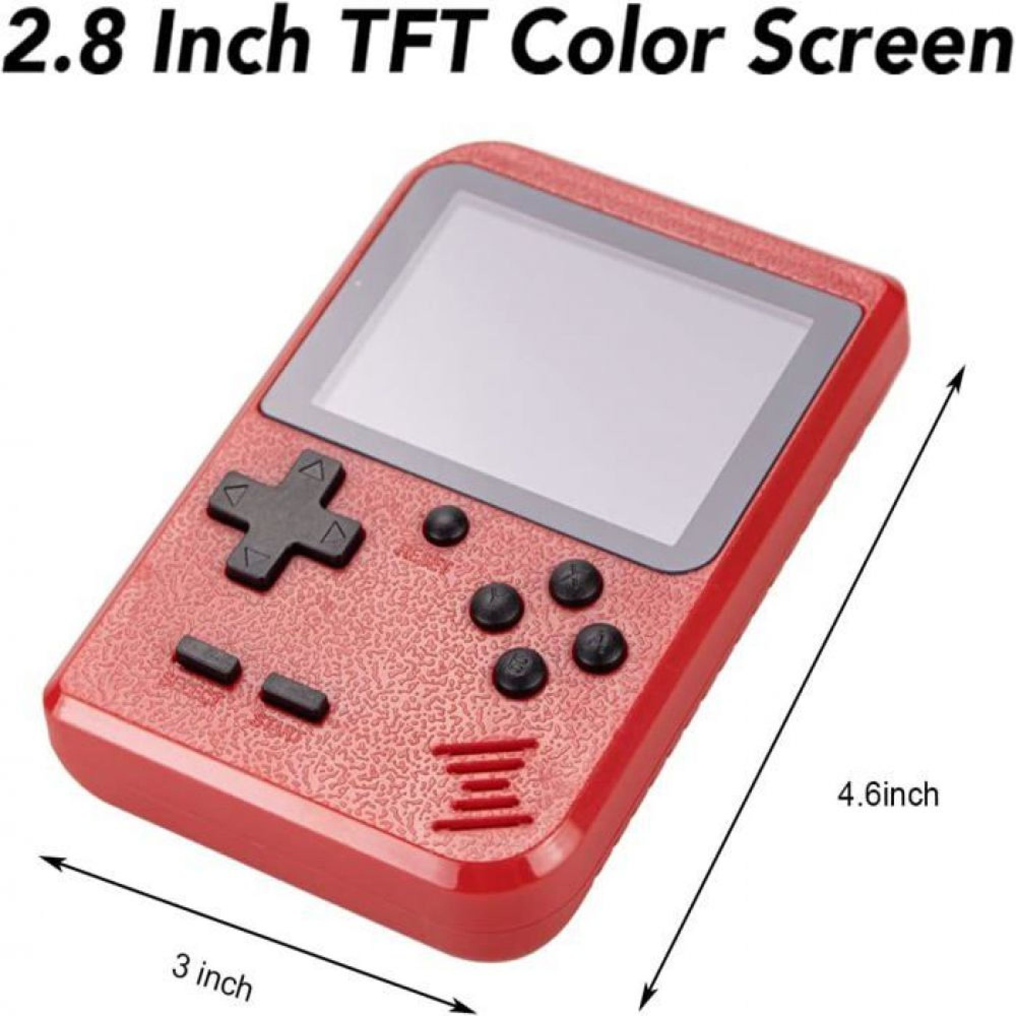 Rote tragbare Spielekonsole mit D-Pad, Tasten und 2.8-Zoll-Bildschirm, Maße sind angegeben.