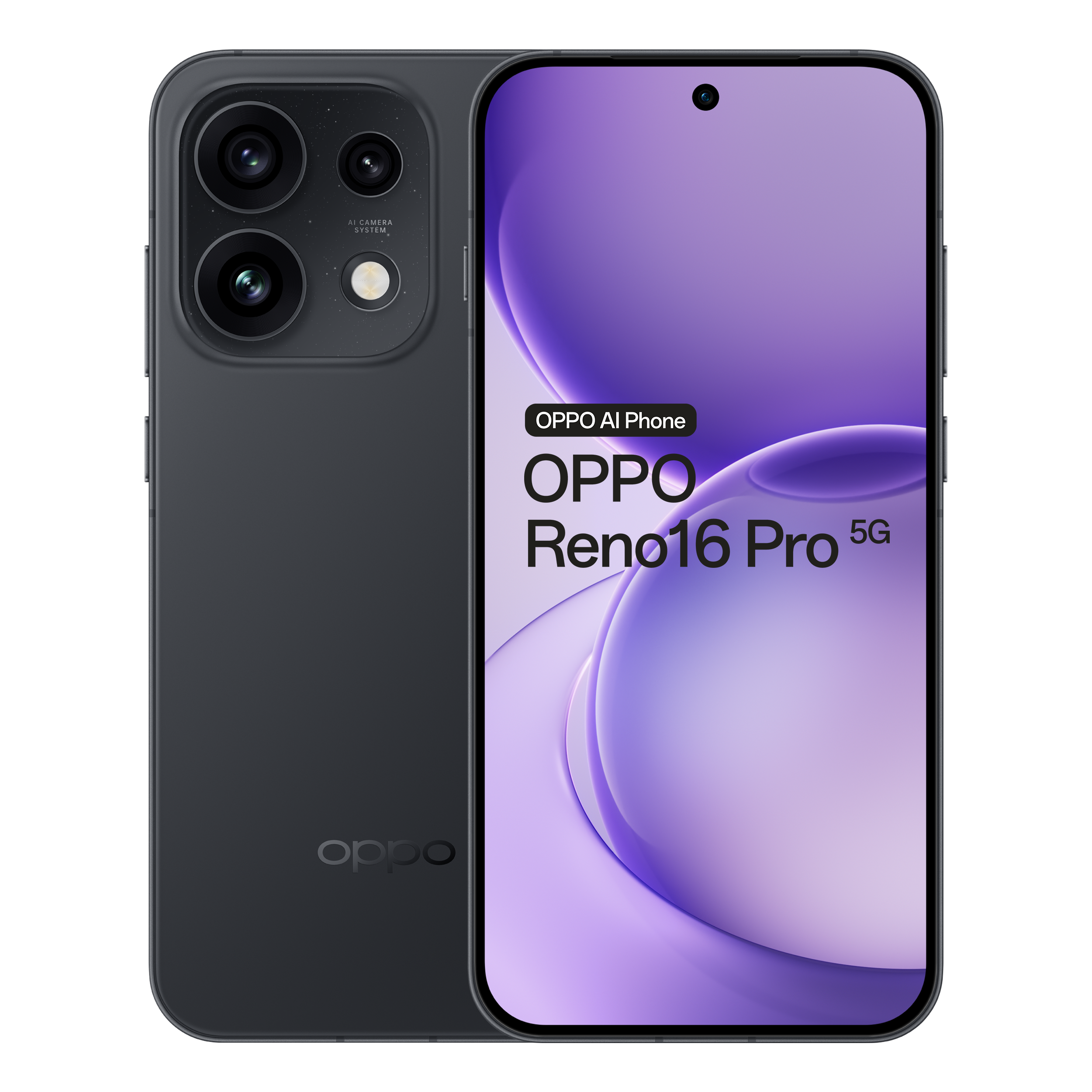 Donkergrijze Oppo Reno16 Pro 5G met paars scherm aan de voorkant en drievoudige camera achterop.