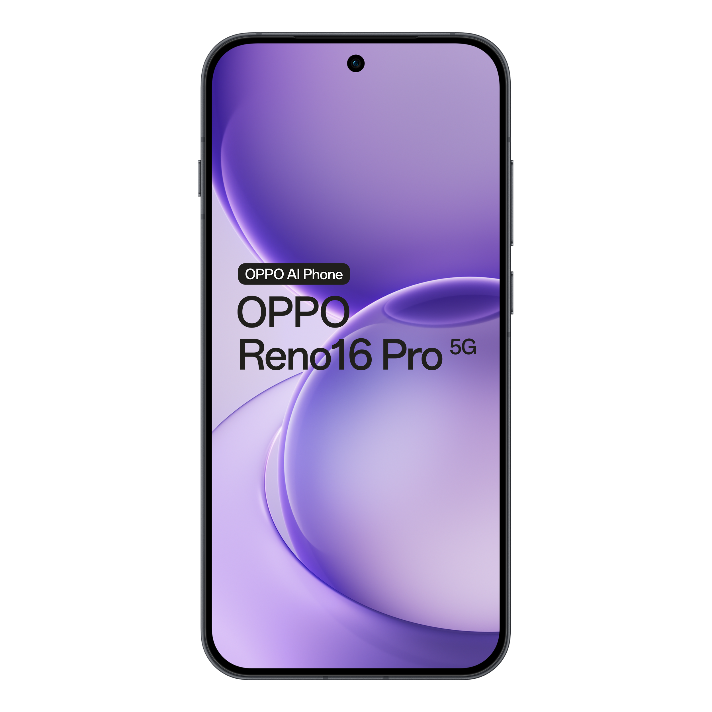 Oppo Reno16 Pro 5G smartphone met een abstract paars scherm tegen een zwarte achtergrond.