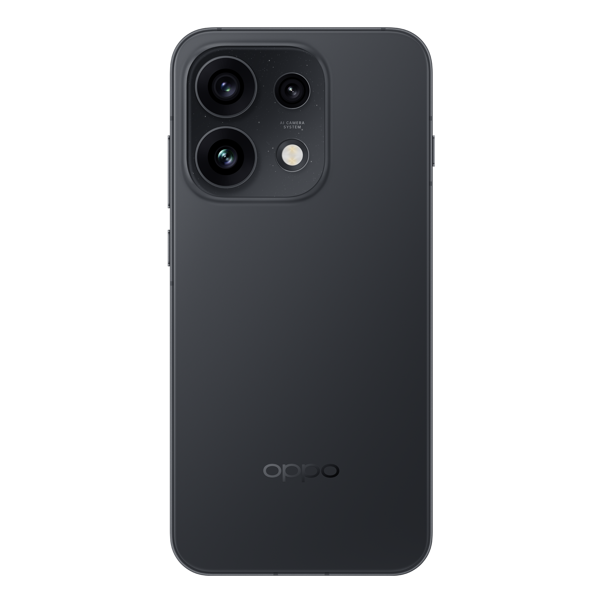 De achterkant van een donkergrijze Oppo-smartphone met een vierkante cameramodule linksboven en het merklogo onderaan.