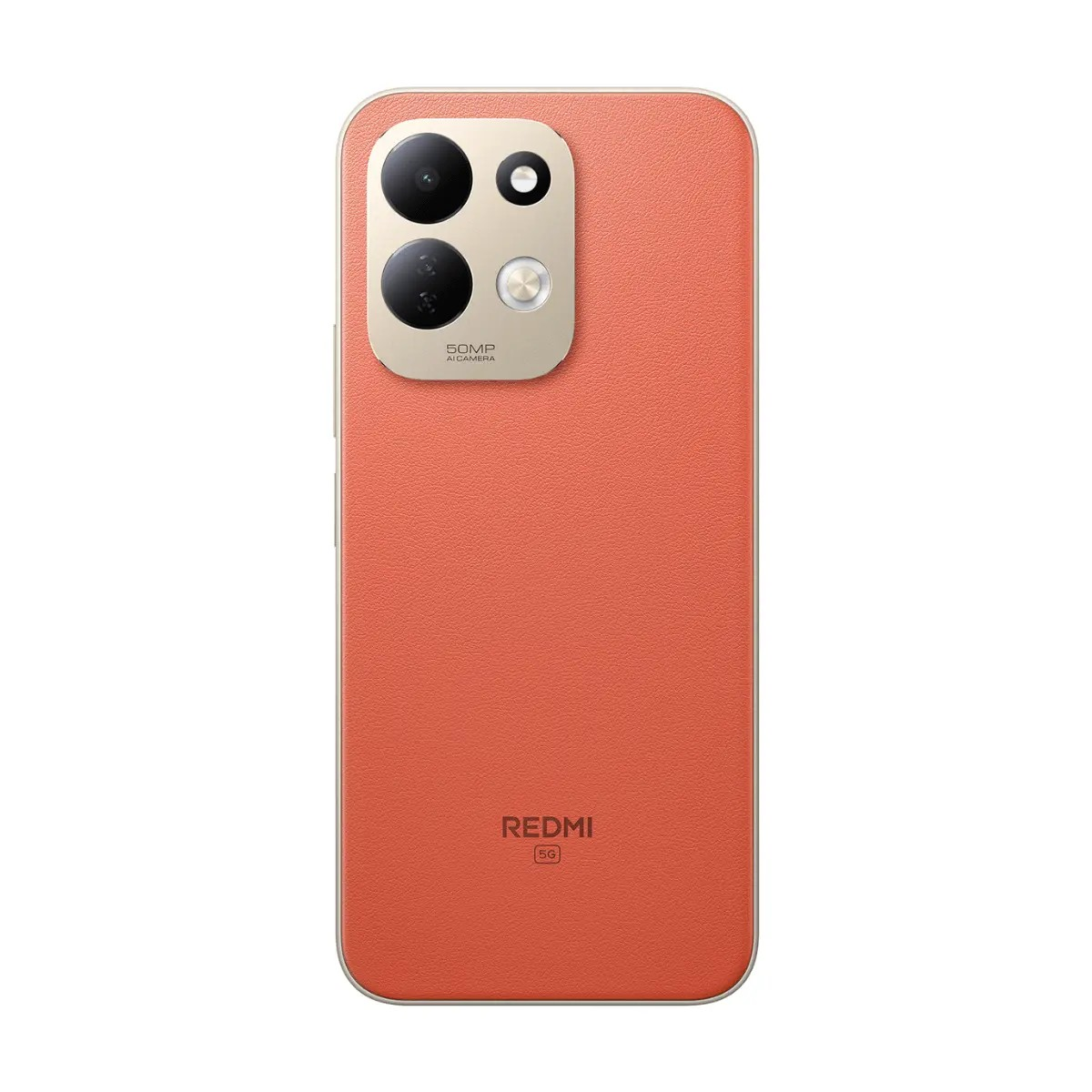 Die Rückseite eines orangefarbenen Smartphones mit veganem Leder und einer goldenen Kameraecke.