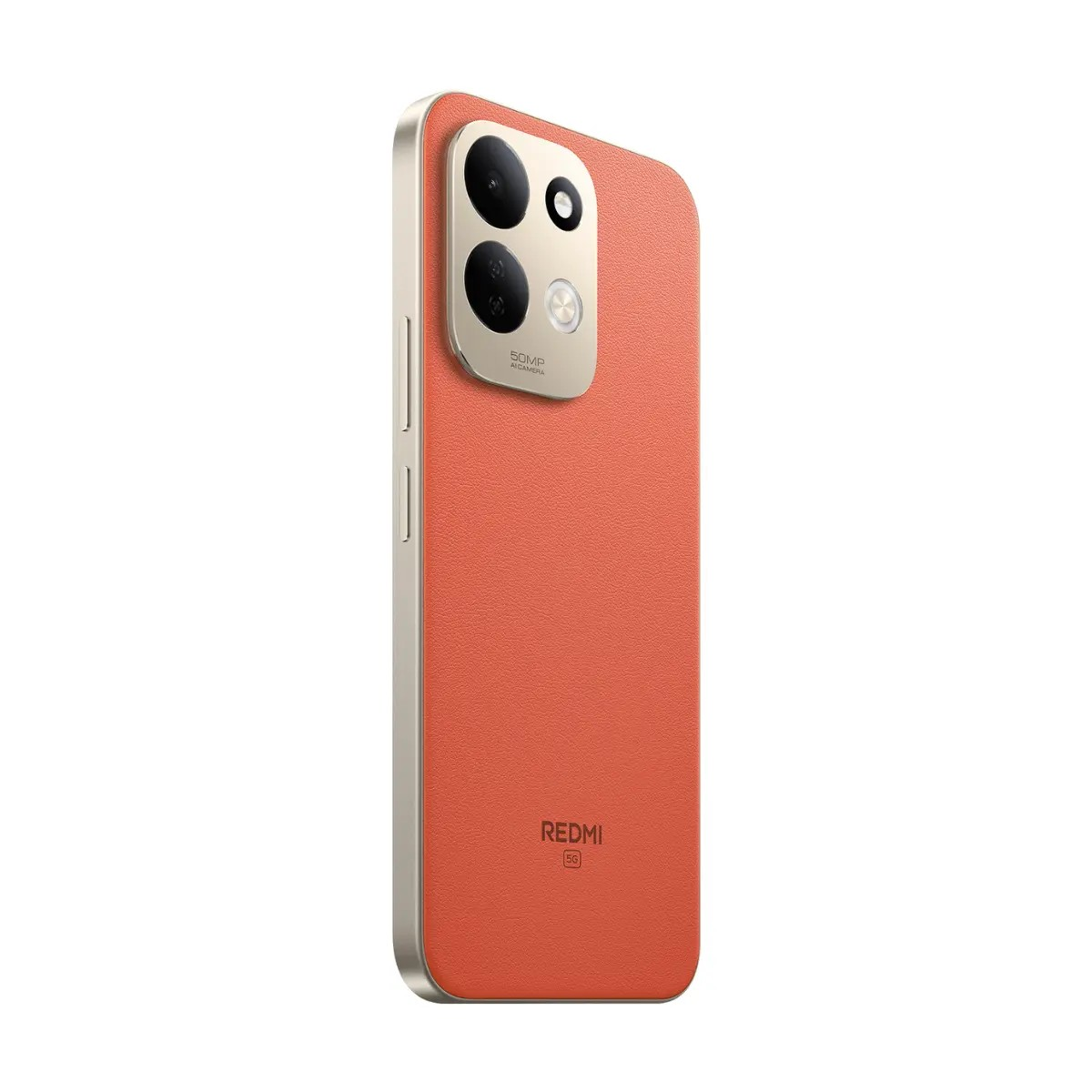 Rückseite eines orangen Redmi 5G Smartphones mit Ledertextur und doppeltem Kameramodul oben links auf weißem Grund.