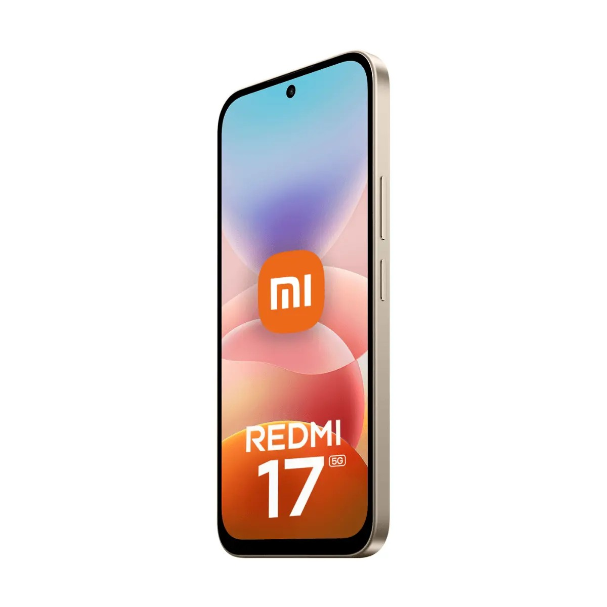 Goldenes Xiaomi Redmi 17 5G Smartphone im Drei-Viertel-Profil mit orangem Bildschirmdisplay.