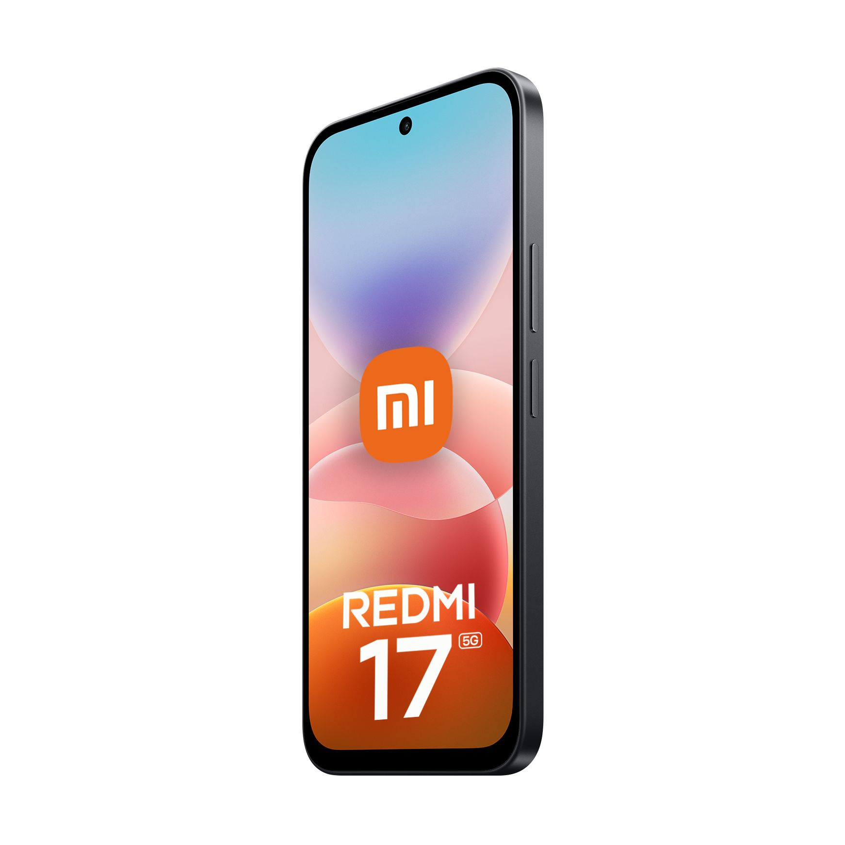 Ein schwarzes Redmi 17 5G Smartphone mit orangem Mi-Logo und Farbverlauf-Hintergrundbild vor weißem Hintergrund.