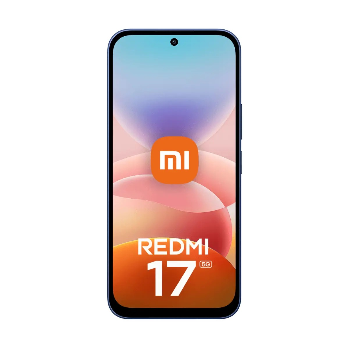 Frontansicht eines blauen Smartphones Redmi 17 5G mit Xiaomi-Logo auf dem bunten Bildschirm.