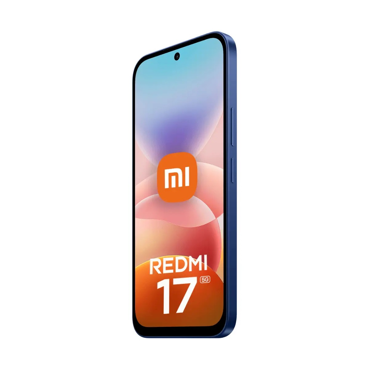 Ein blaues Redmi 17 5G Smartphone mit einem orangefarbenen Xiaomi Logo und Farbverlauf-Hintergrundbild.